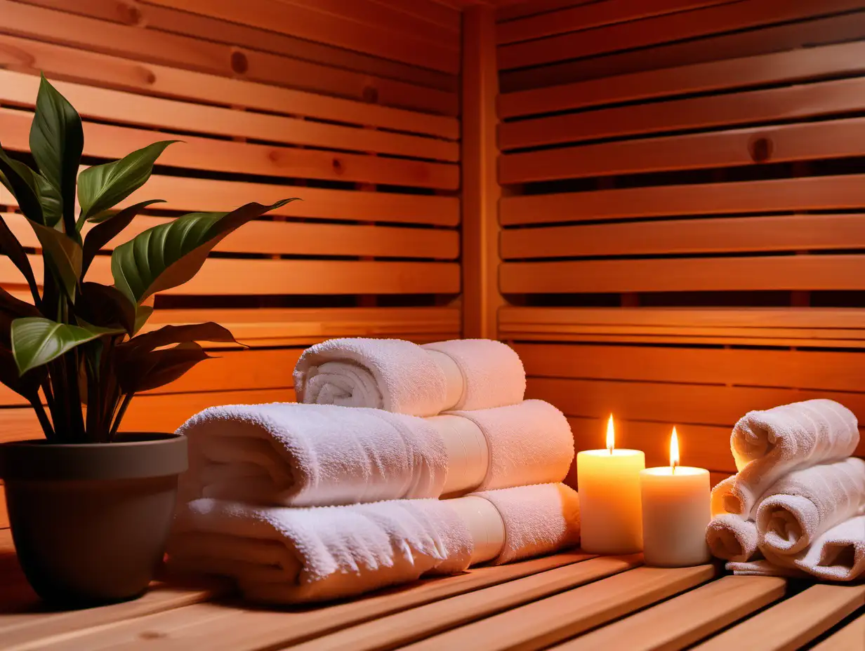 Relaxing Sauna Scene with Candles Towels and Plants