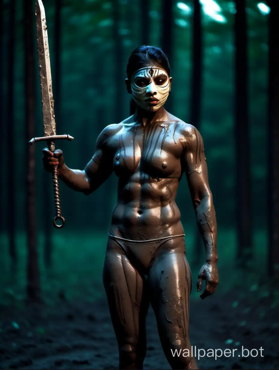 Indian-Wild-Female-Warrior-with-Mud-Mask-and-Iron-Sword-in-Night-Forest