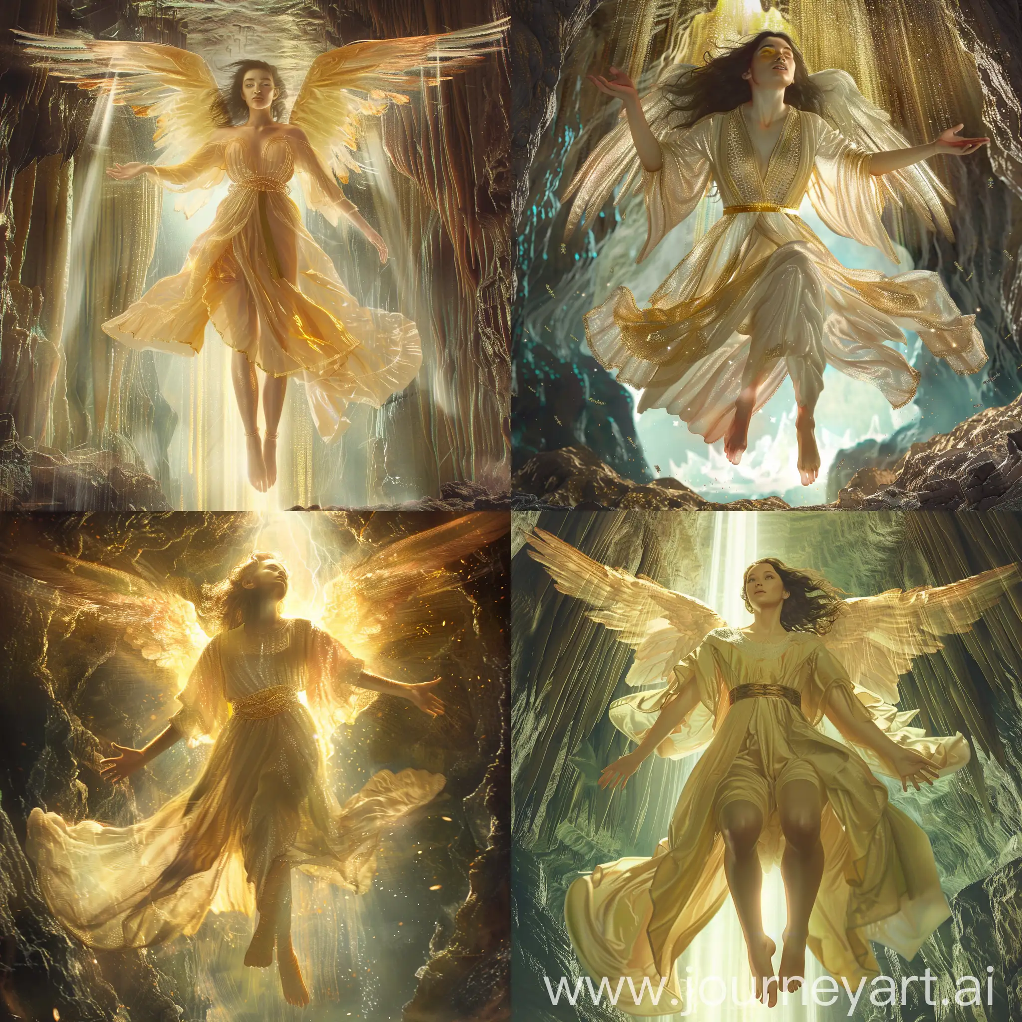 An angelic figure hovers majestically in a vast, ethereal inner earth realm, her whole body glowing with divine radiance. She has a beautifully mysterious face, long flowing robes like a celestial dress, with a golden belt cinched at the waist. Her legs, feet, hands and fingers appear perfectly formed. This is a highly detailed, photorealistic depiction in the style of digital art masterpieces. An otherworldly, sacred atmosphere pervades the subterranean space around the hovering guardian angel.