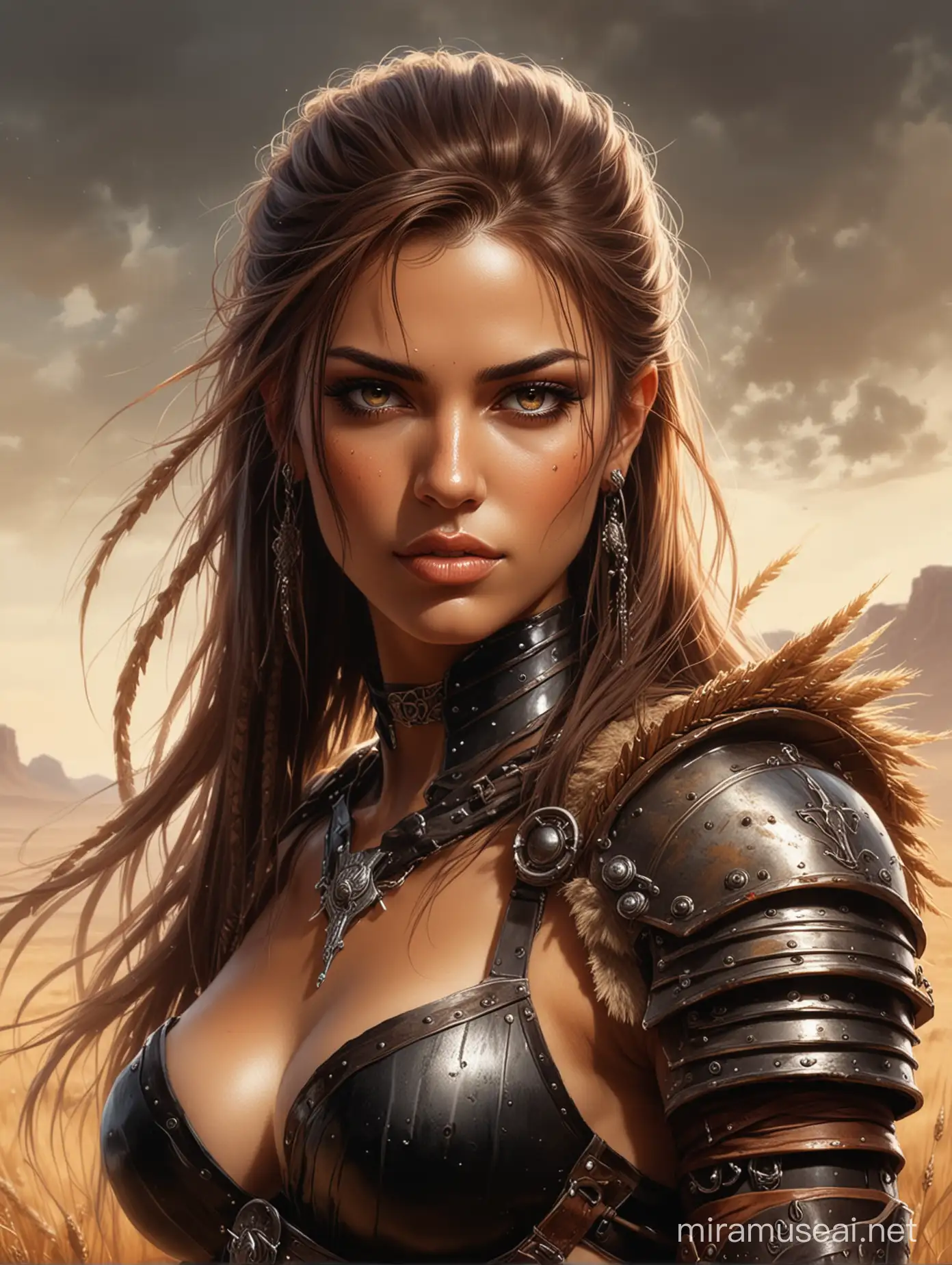 wide-angle portrait painting of . Style of Luis Royo inspired fantasy female warrior art. black, tan, wheat, rosybrown colors. 8K HD