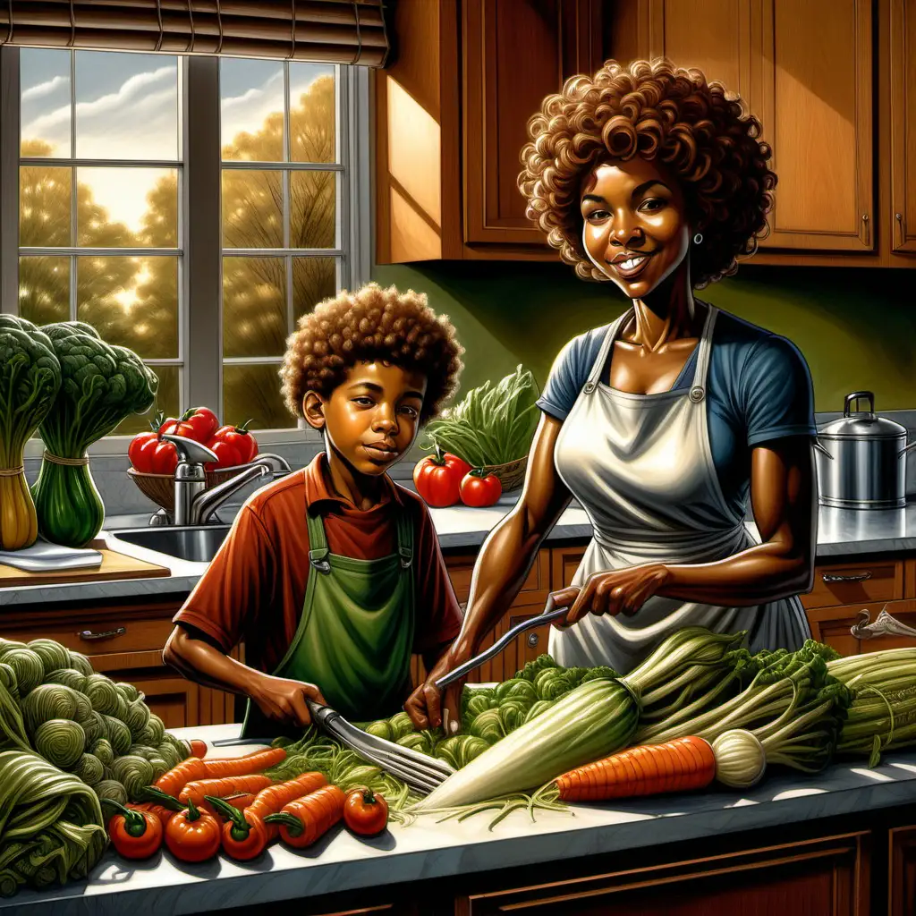 Ernie Barnes style cartoon african american 10 year old boy with curly hair and his mother cleaning vegetables