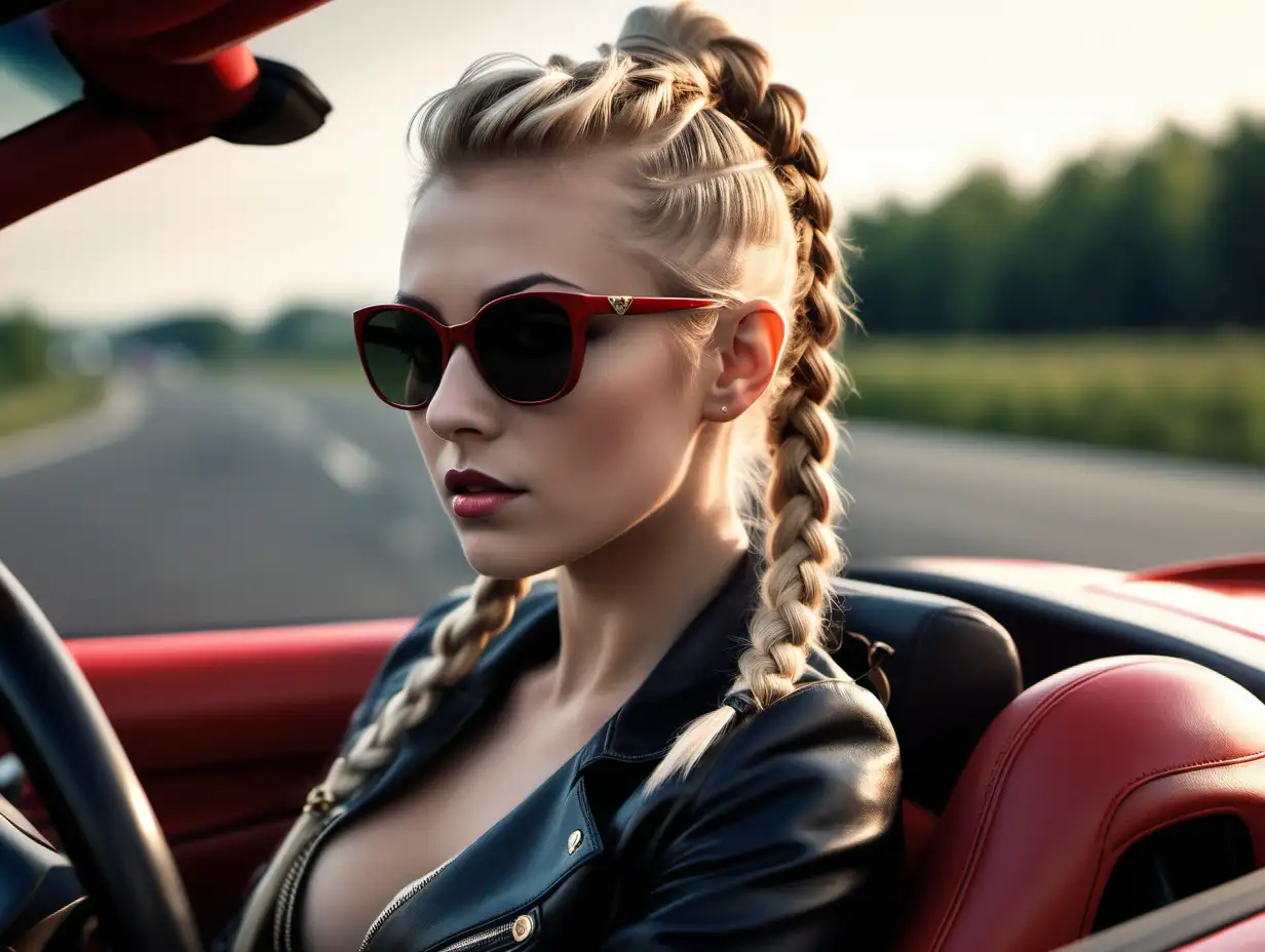 Beautiful Nordic woman, very attractive face, detailed eyes, perfect breasts, slim body, dark eye shadow, blonde hair in a long Mohawk braid, small black Gucci sunglasses, bokeh background, soft light on face, rim lighting, facing away from camera, looking back over her shoulder, sitting in the driver’s seat of a red Ferrari, also showing passenger seat, photorealistic, very high detail, extra wide photo, full body photo, aerial photo