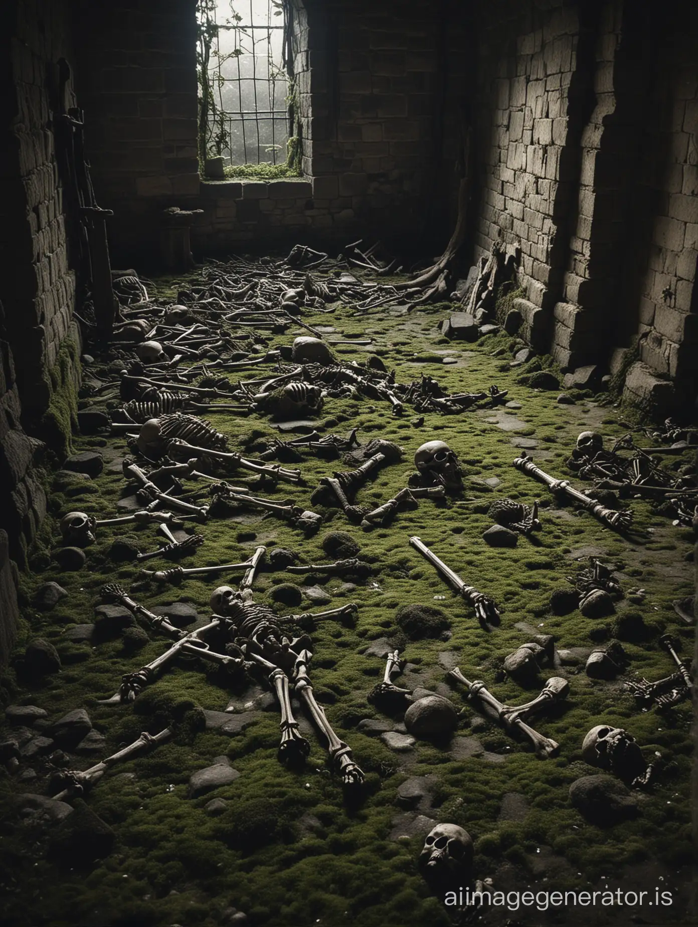 (monsters hiding in shadows) in an old dungeon. [skeleton] bones, armor, weapons scattered around the floor. very low light. moss and floor and walls.