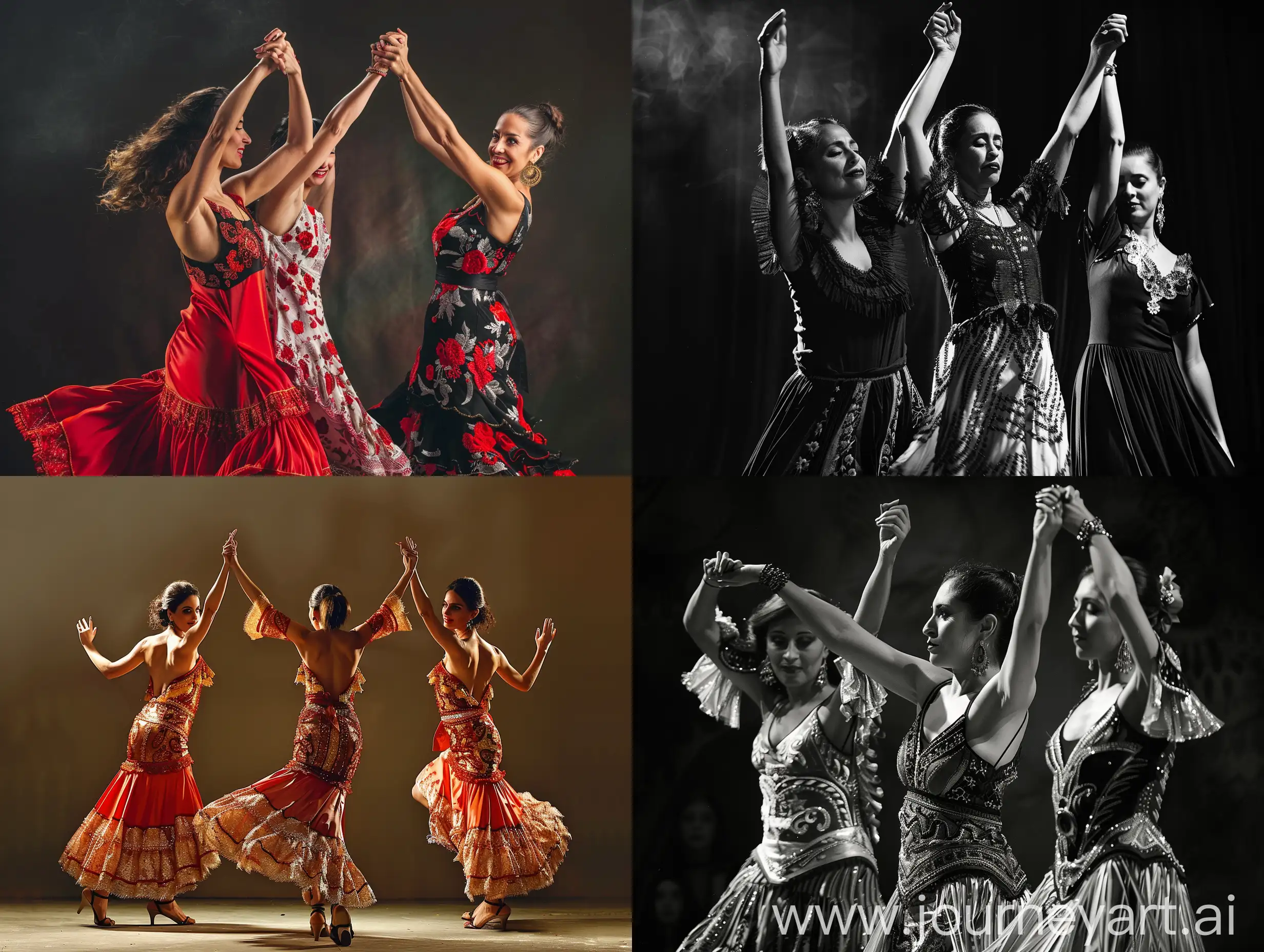 Three women dancing flamenco by holding one hand each up in the air