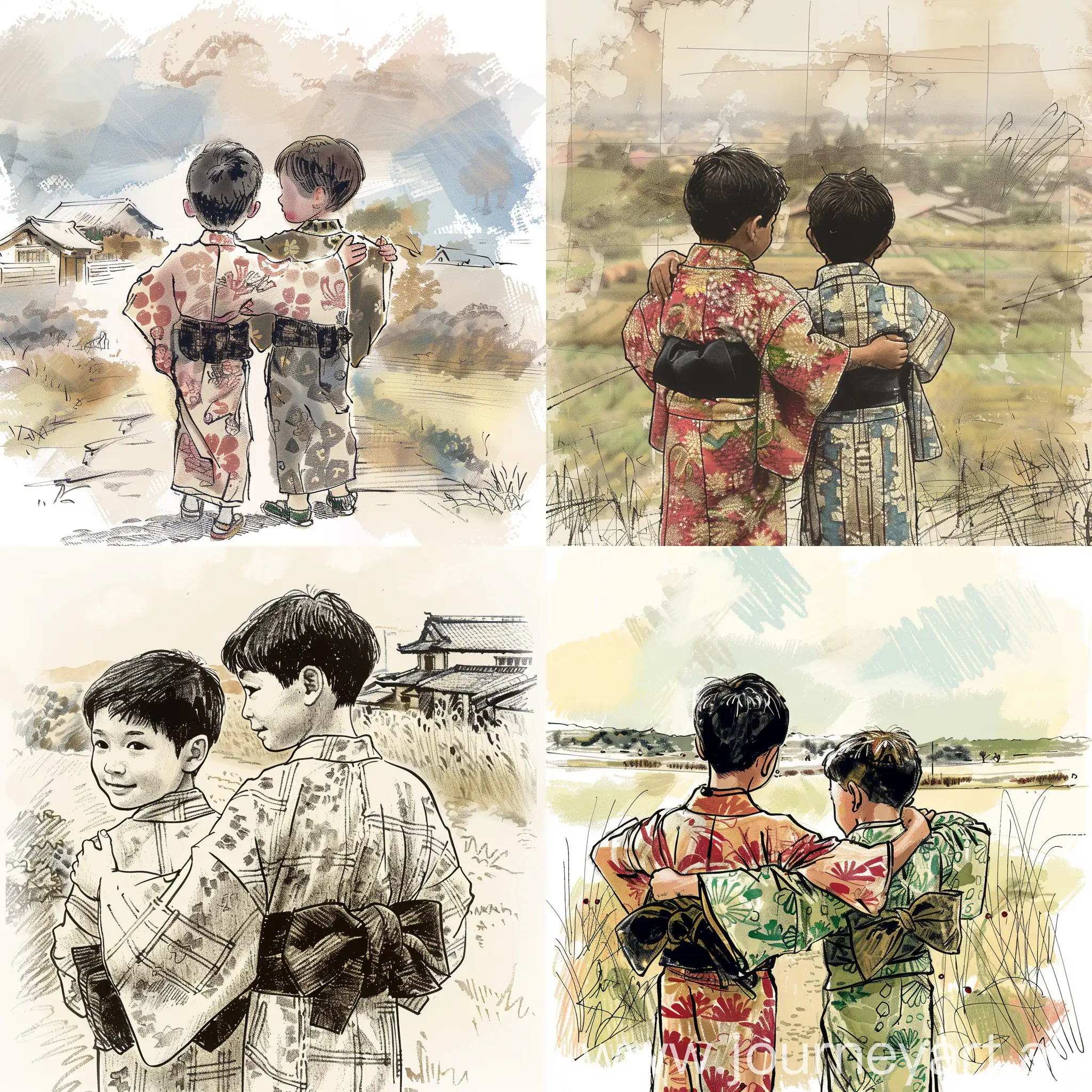 Two boys in kimonos Japanese children look back with their arms around each other's shoulders. Illustrated story Japan has a rich tradition of storytelling and whimsical illustrations. Create a collaborative story that incorporates elements of these artistic styles. A turbulent past and the tenacious spirit of the Japanese people. A patriotic Japan in a DVD still from the 1930 film directed by Shunso Hishida. Preschooler's drawing, naive and free touch with crayon scribbles, hand drawn, single line scribbles, blur of Japanese countryside in the background.