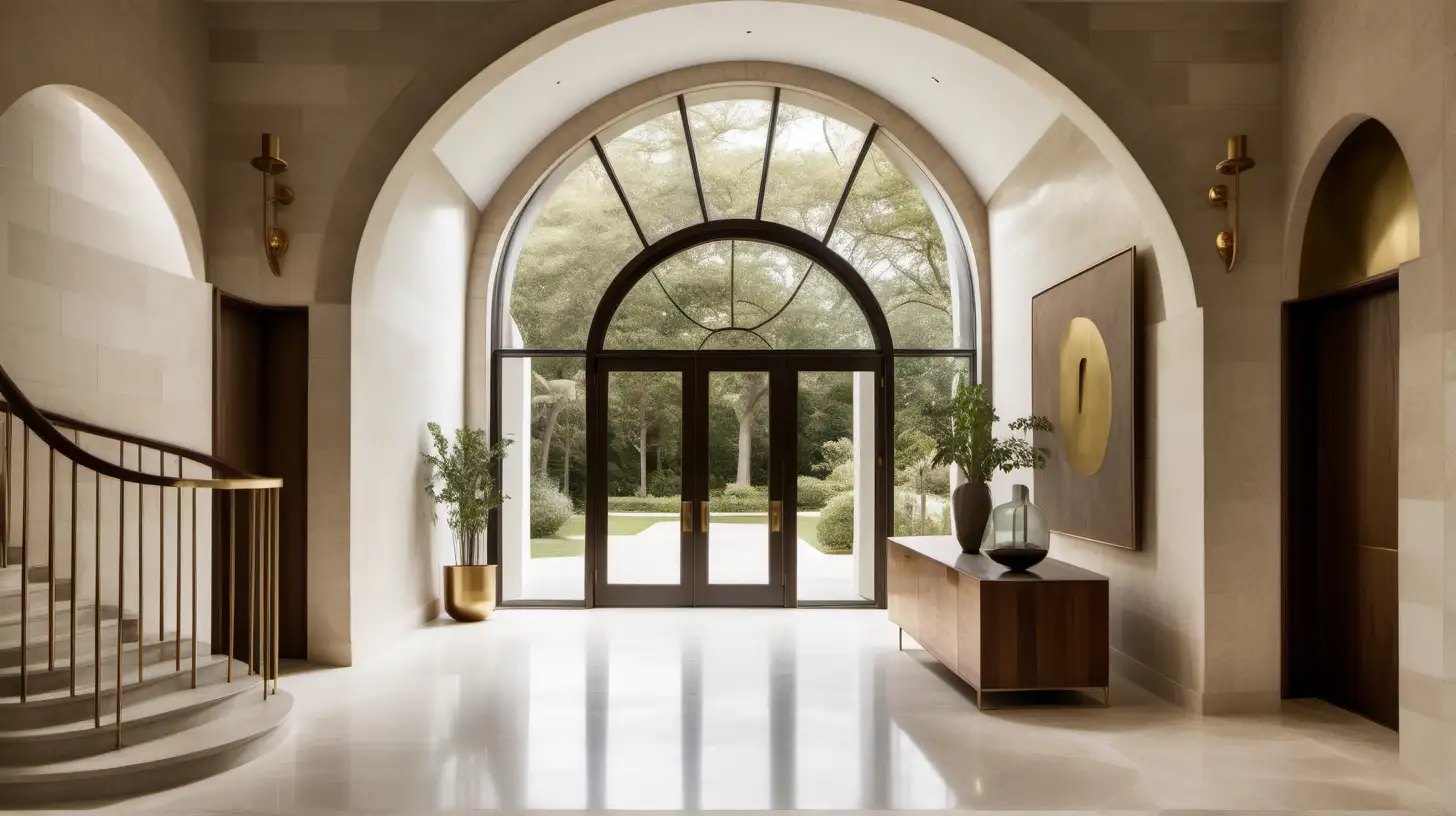 organic minimalist home large entrance foyer with limewashed walls, limestone tiled flooring, arched doorways, brass wall sconces, curved staircase to the first floor made from walnut wood with brass minimalist railing, large window