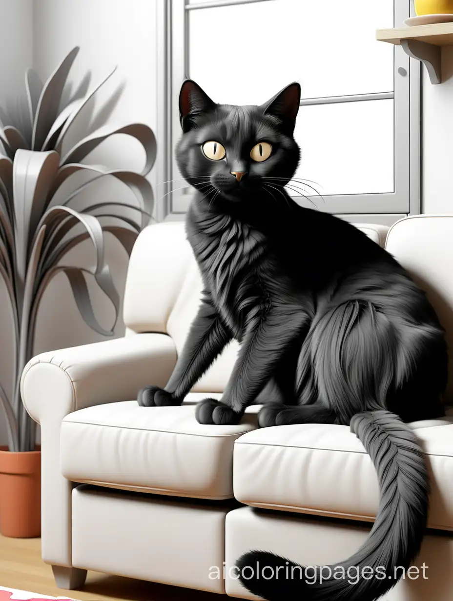 a long black cat on the sofa  in the kitchen......
, Coloring Page, black and white, line art, white background, Simplicity, Ample White Space. The background of the coloring page is plain white to make it easy for young children to color within the lines. The outlines of all the subjects are easy to distinguish, making it simple for kids to color without too much difficulty