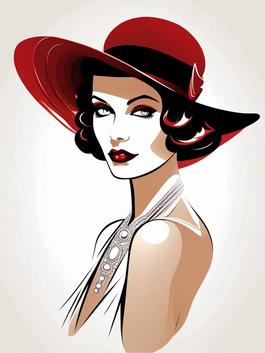 Beautiful female portrait, ruby red lips, wearing an elegant hat, art deco, solid white background, vector 