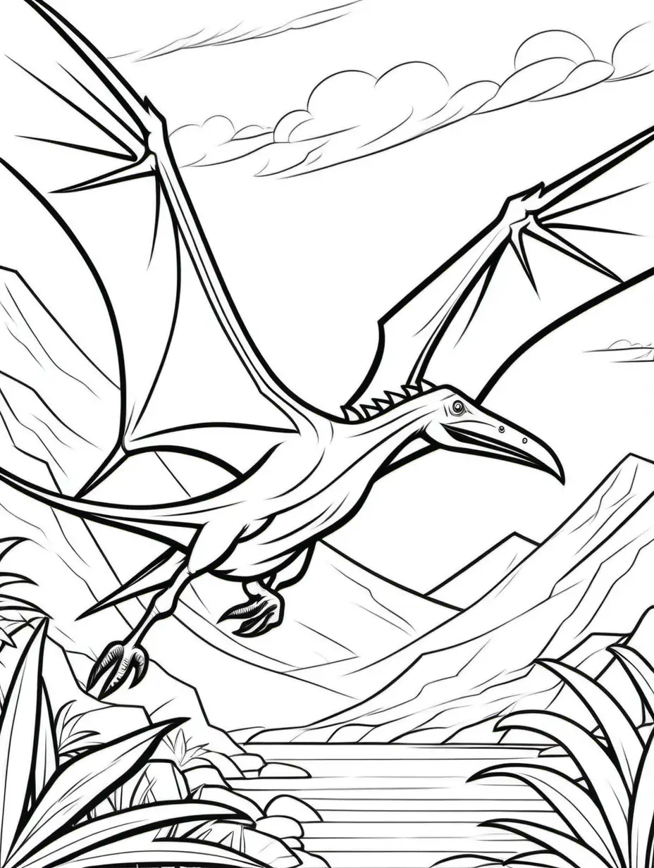 coloring page for kids, Pterodaustro, cartoon style, thick lines, low detail, no shading -- ar 9:11 --v5