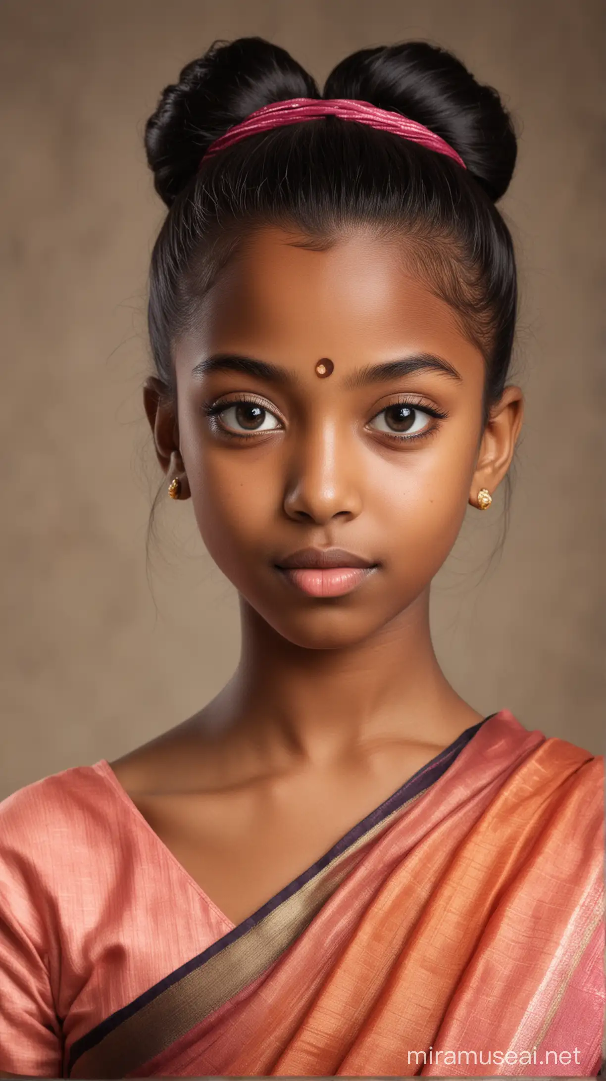 A 12 year old skinny black woman with big eyes, straight nose, small lips, sharp chin and long straight black hair with a bun at back wearing a saree