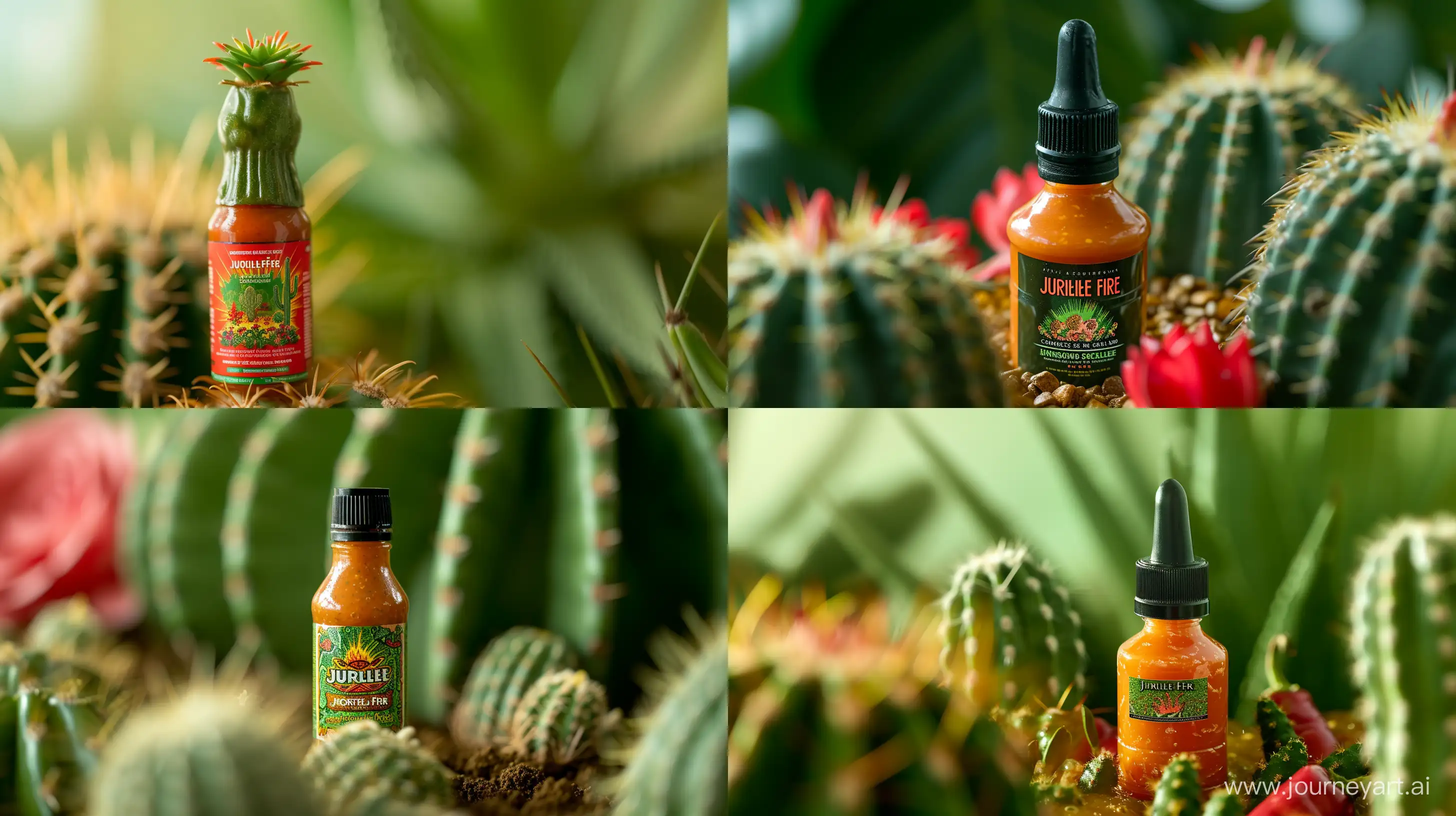 Product photography, hot sauce with brand ''jungle fire'' in cactus bed,in the style of realistic mysterious jungle,Mexico college like element,close up shot,green and light red,surrealistic elements --ar 16:9 --style raw 