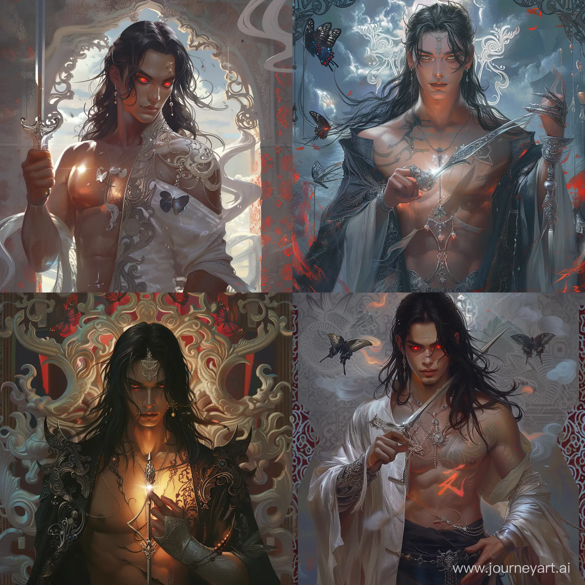 butterfly jewelry, one man holding a silver dagger, danmei artstyle, semi realistic art, beautiful scenary cloud architecture, asian fantasy background, open sleeves torso fantasy, magical glow, delicate vambraces, silver jewel, long luxurious black hair, perspective, source of light, detailed, arabian pattern, white asian dragon background, luxurious hair, red hues, red tones colors, glowing eyes
