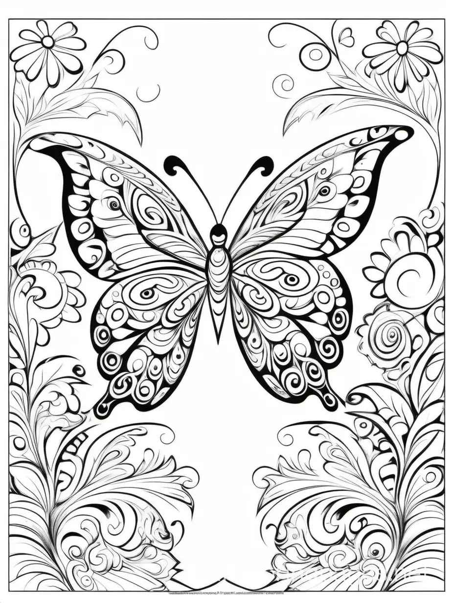 Create coloring pages that bring to life 'Butterflies in my stomach' idiom in a visually captivating and playful manner. Each page should feature a unique illustration that creatively represents the literal or figurative meaning of the idiom. Use a variety of artistic styles, patterns, and designs to make the coloring experience enjoyable for adults. Incorporate intricate details and vibrant colors to make the page visually stimulating. Ensure that the illustrations are clear and engaging, encouraging users to explore and interpret the idioms in their own unique way through coloring. Let your creativity flow as you transform this idiom into delightful work of art., Coloring Page, black and white, line art, white background, Simplicity, Ample White Space. The background of the coloring page is plain white to make it easy for young children to color within the lines. The outlines of all the subjects are easy to distinguish, making it simple for kids to color without too much difficulty