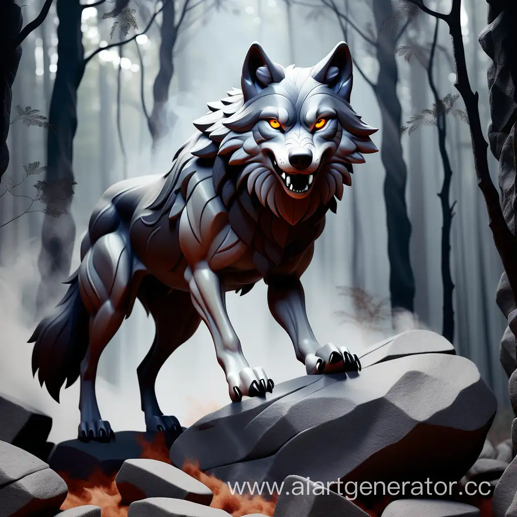 фантазийный дымный волк, на серой скале выходит из тени, в лесу