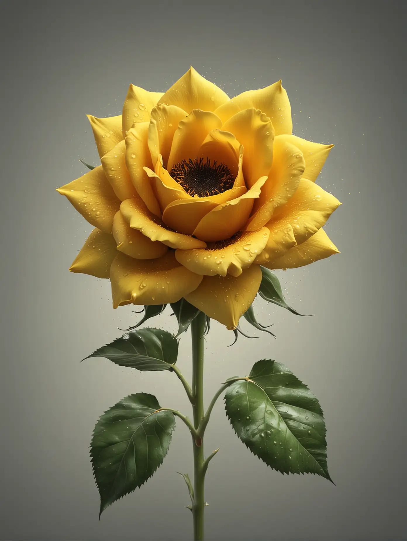 Create a blend of an yellow rose and a sunflower, 4k, vivid colours 