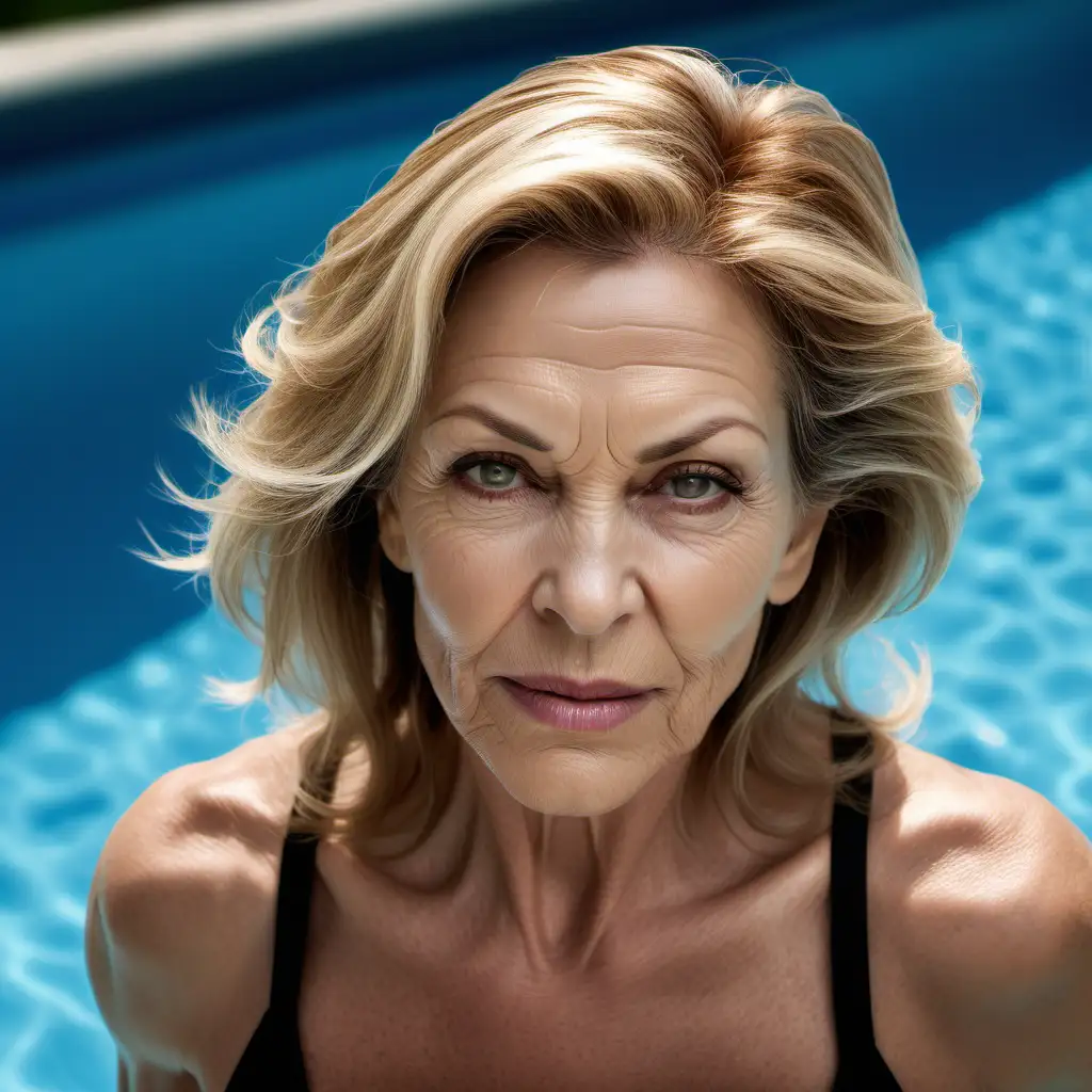 creat a  muscular mature woman crawling on pool side.she appears to be OVER fifty years old. Her hair is golden in color, reaching approximately to her shoulders, styled straight with a natural wave, and some stray hair gently falls at the edge of her forehead.  Her eyes are dark in color, with a determined gaze and of moderate size. Eye makeup includes eyeliner and mascara, making her eyelashes look thick. Her eyebrow color is similar to her hair color, with a natural, slightly curved shape.  Her nose is of medium size, with a straight bridge and a slightly pointed tip. The woman's lips are relatively thin, with the upper lip narrower than the lower lip, and she wears nude-colored lipstick.  Her skin appears relatively smooth but shows some signs of aging, such as fine lines and expression lines, especially around the eyes and mouth. Her face shape is slightly elongated, with prominent cheekbones and a slender chin.  She is wearing a black sleeveless top with clear shoulder lines and a relatively long neckline. SHOW THE WHOLE BODY.4k. front view.