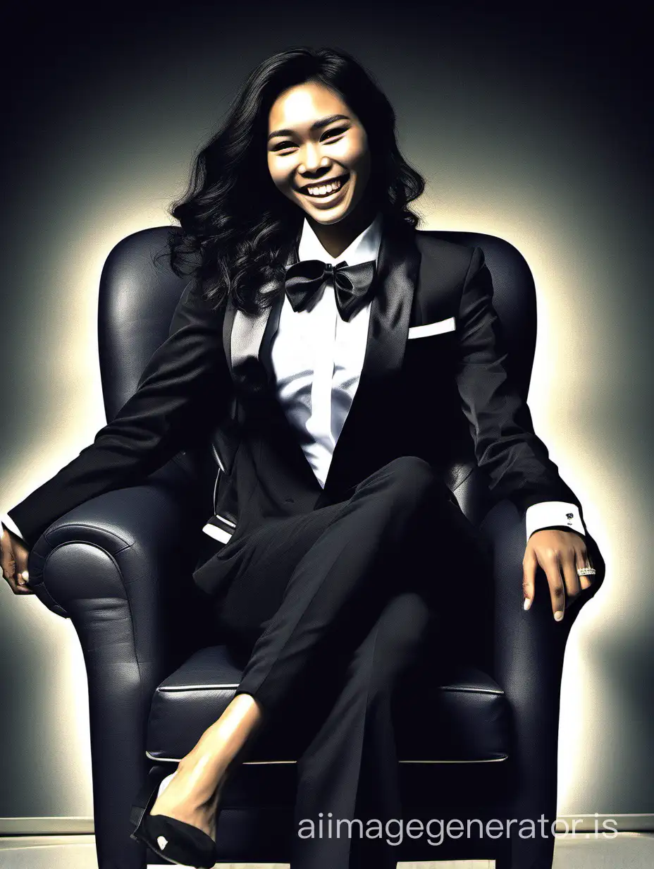 A smiling and laughing dark skinned thai woman with shoulder length hair is wearing a tuxedo.  She is sitting in a plush chair in a darkened room.  Her jacket is black.  Her jacket is open.  Her pants are black.  Her bowtie is black.  Her shirt is white with black cufflinks.