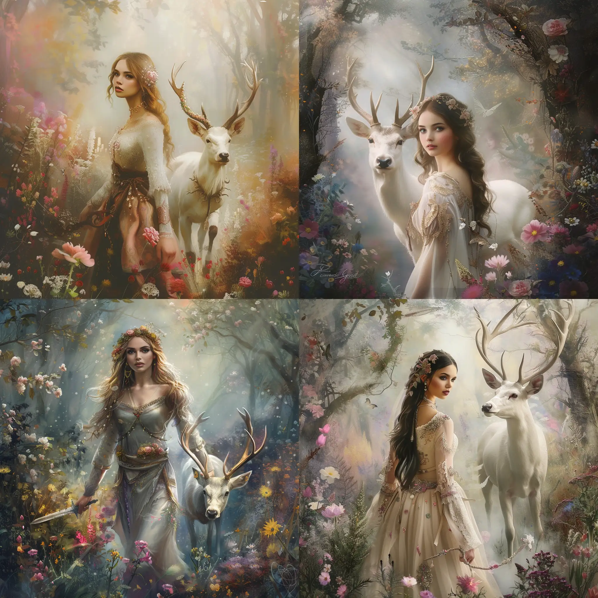 A beautiful medieval woman with delicate facial features leading a white stag through a misty ancient flowery  enchanted forest. Magical fantasy mysterious etheral beautiful highly detailed. Very colourful 