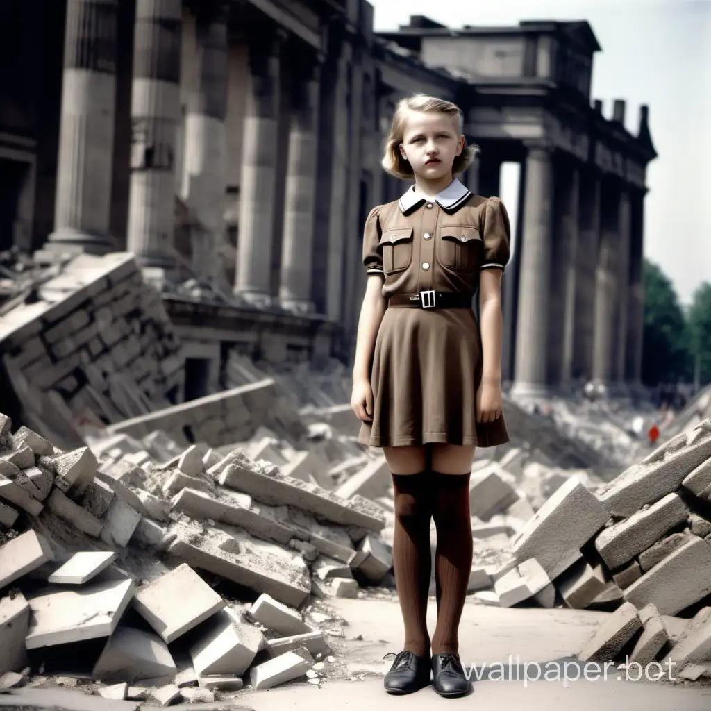 German girls 12 years old Hitler Youth in very short dresses in beautiful brown stockings on the ruins of Berlin