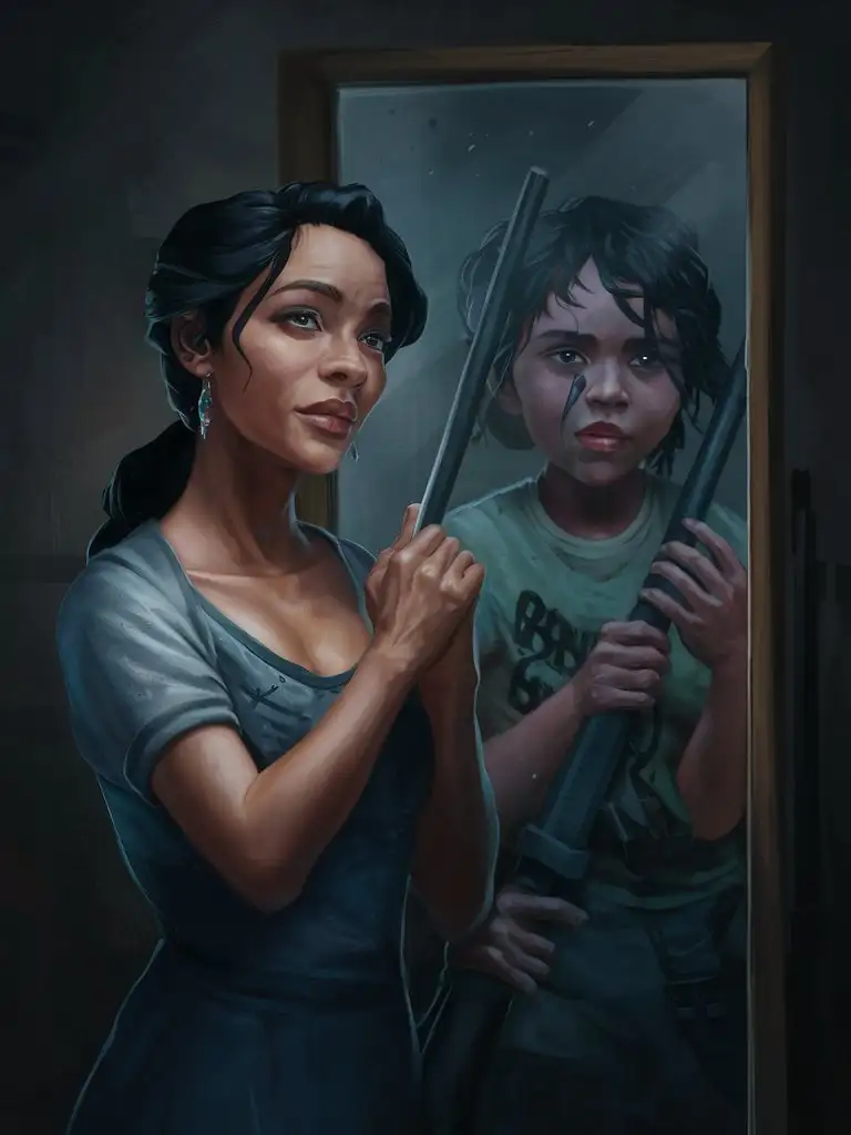 Digital painting of a beautiful ethnic woman pretending to be happy while looking at her reflection and seeing her younger self as a child armed and broken