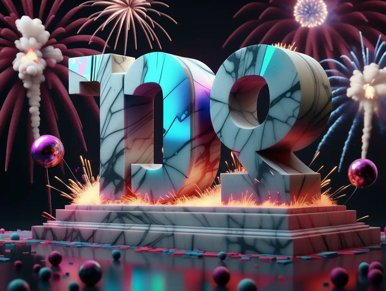 Big bold 3D letters logo. says "DR". in marble. neon. holographic. surrounded by fireworks. very intricately and microscopically detailed. ultra realistic blender sfm textures. splashed