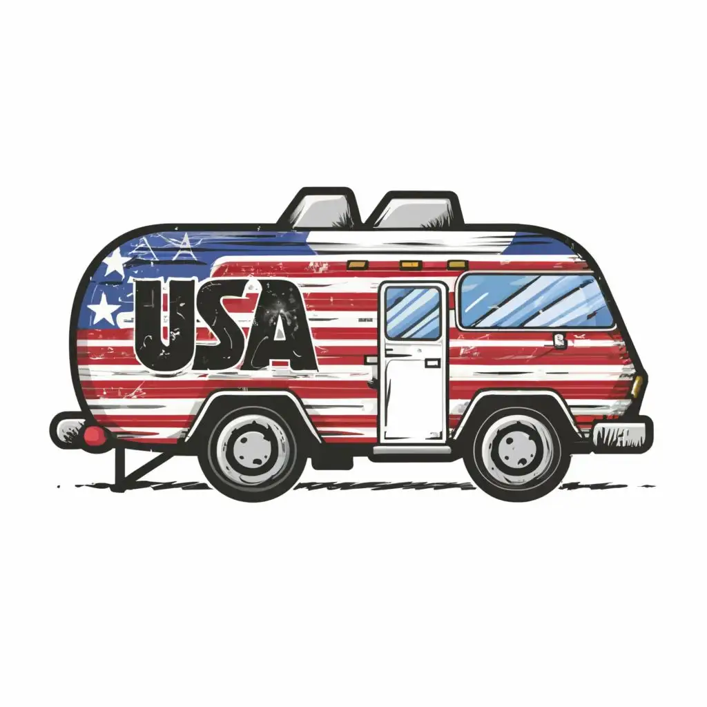 logo, logo, vector patriotic camper ,90s style,  with the text "USA" , WHITE BACKGROUND , bright vibrant colors . ultra sharp 3mm outlined lettering and image, full color image fill , ultra-detailed images with sharp lines and textures, capturing every detail with precision, ultra fine sharp outlined image , no copyright, no watermark, with the text ".", typography