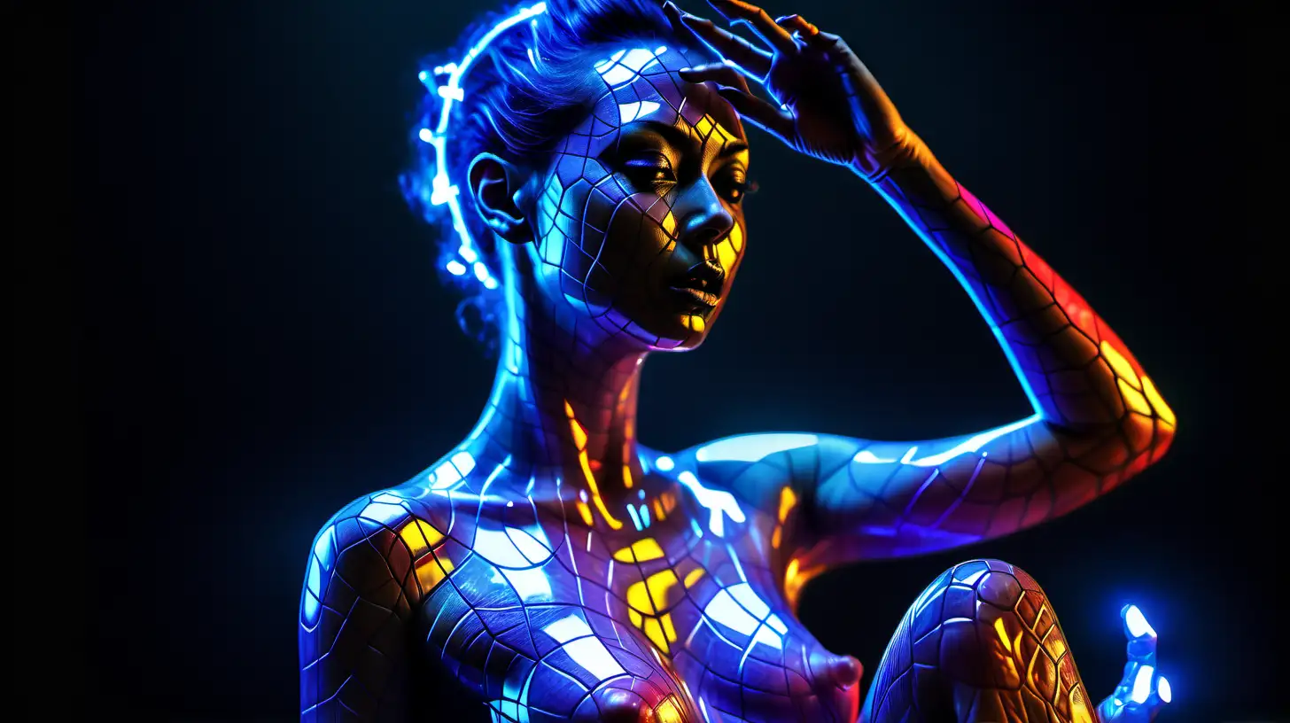high quality, 8K Ultra HD, highly detailed, masterpiece, super realistic, masterpiece of the silhouette of a woman, phantasmagorical figure, (((translucent skin:1.5))), (((translucent body:1.5))), art, neon lights, light particles, colorful, cmyk colors, backlit, enhance beauty, (((sensual))), full body, extremely hyper detailed, cinematic 8k, model photography
