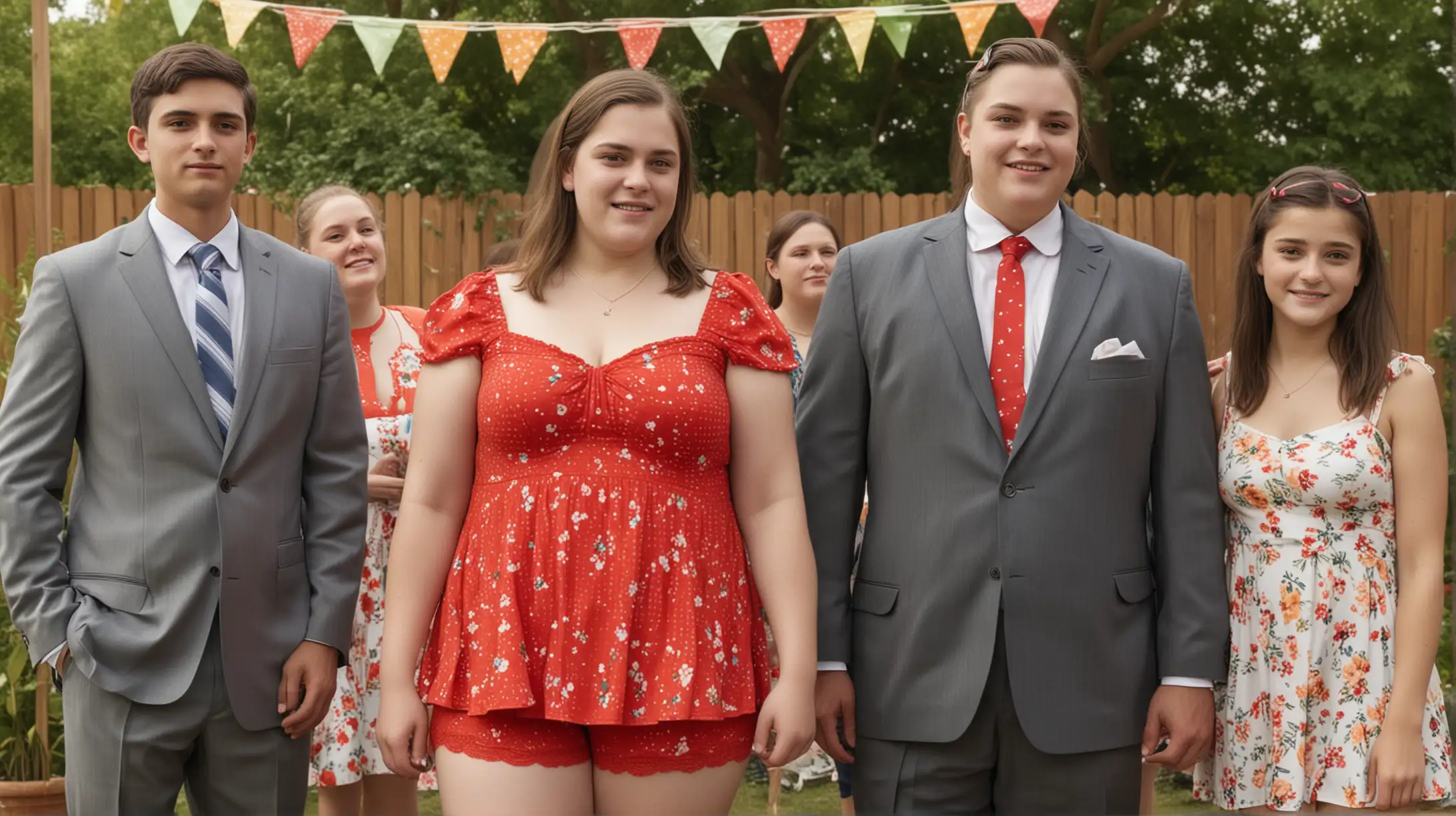 A photo-realistic picture of a family reunion, on the left stand two men in suits, in the middle stands a 16-year-old girl with moderate intellectual disabilities who is dressed in a summer top and red panties, the disability can be seen on her face, on the right stand two women wearing a party dress.