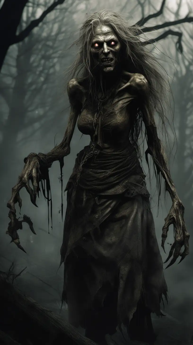 Brewess, one of the Crones of Crookback Bog in "The Witcher 3," is a grotesque and formidable entity with a hunched, withered frame adorned in tattered robes. Her skin, pallid and wrinkled, seems to meld with the bark-like texture of her surroundings. Sunken, glowing eyes peer out from beneath heavy brows, exuding an otherworldly malevolence, while her crooked, yellowed teeth leer from behind cracked, thin lips. Long, unkempt hair, matted with filth and detritus, hangs in greasy strands around her wretched visage, entwined with bone ornaments and fetishes. Her elongated, claw-like fingers twitch with latent power, ready to unleash dark sorceries upon any who dare cross her path.