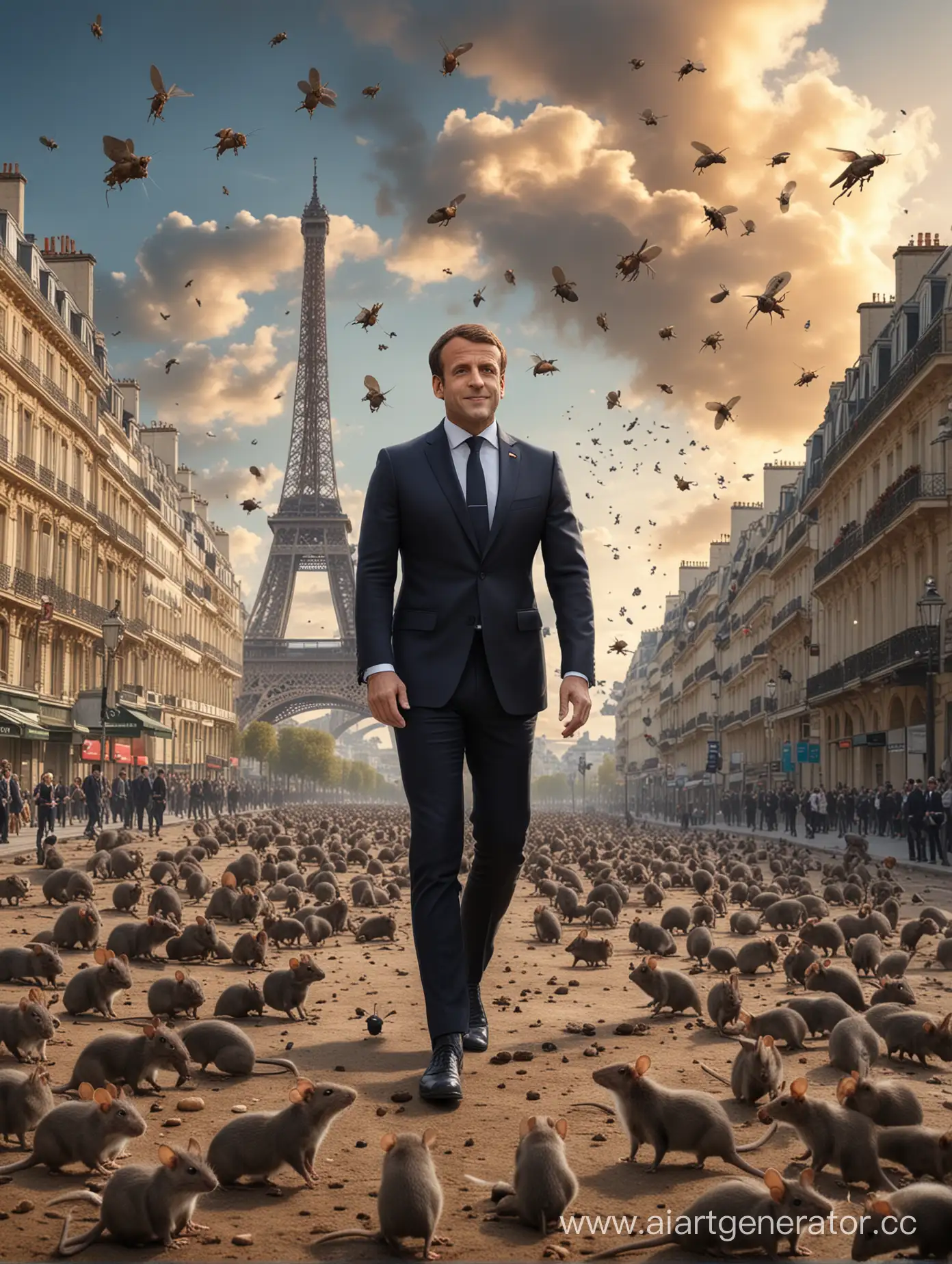 Президент Макрок в Париже приглашает всех на Олимпиаду, вокруг много крыс и клопов, а в небе пролетают ракеты. Реалистичное фото.