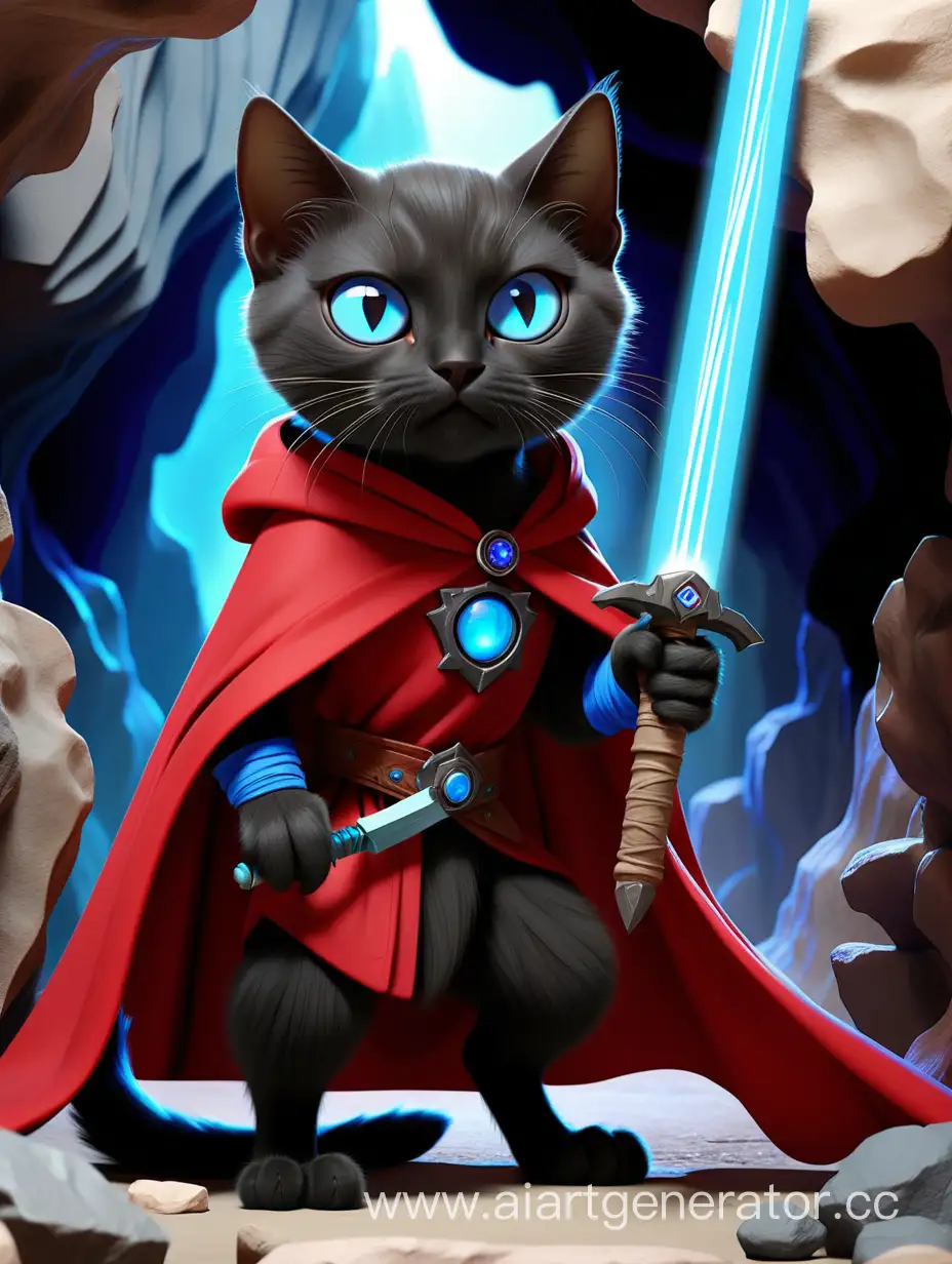 Черный кот с большими голубыми глазами стоит на фоне пещеры, в красном плаще и с лазерным голубым мечём в руке
