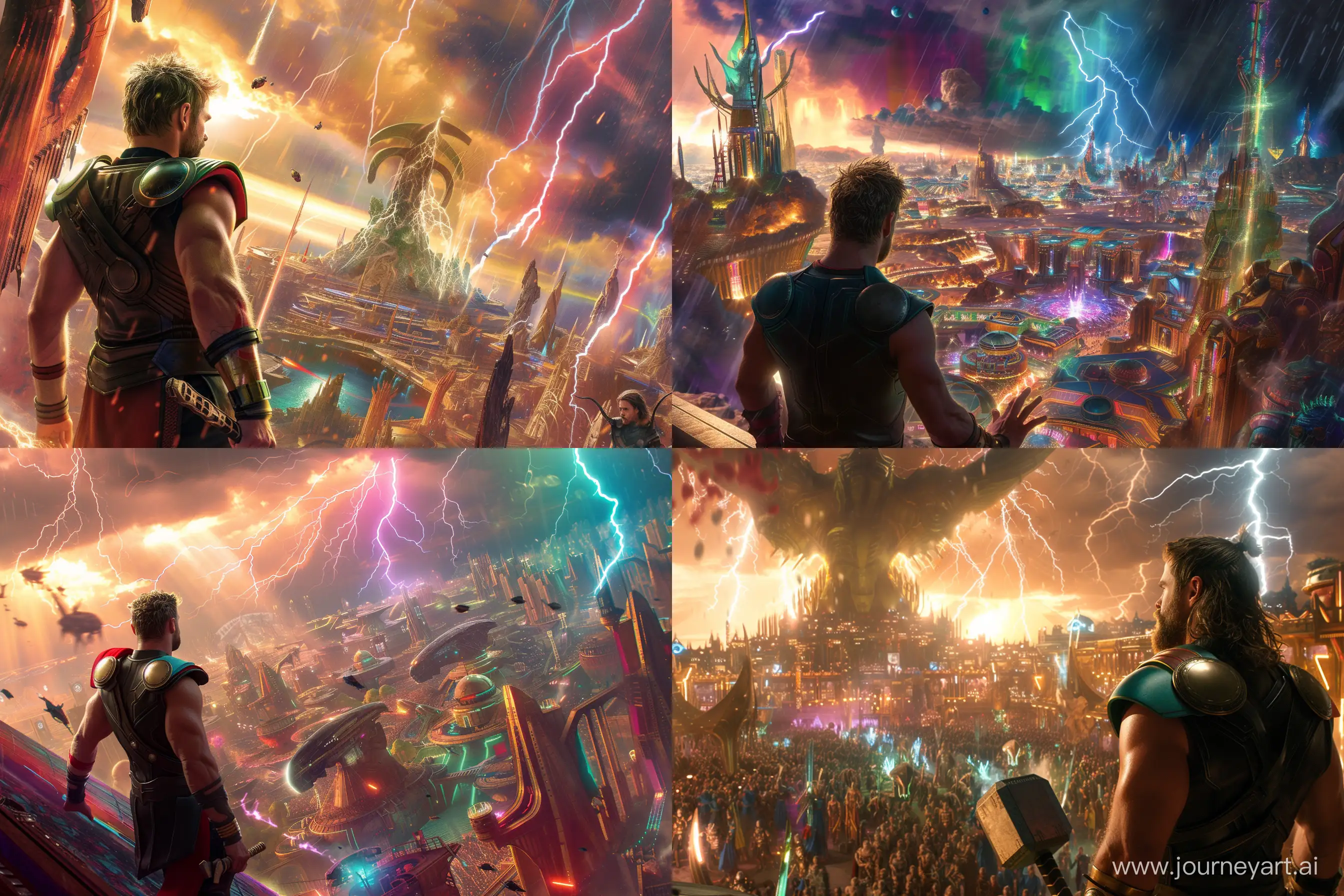 Thor watch from sky and lightning around Thor and thor hand stonebreacker The vibrant Sakaar City in Thor: Ragnarok is a kaleidoscope of colors, filled with eccentric architecture and bustling alien life. Thor finds himself in the Grandmaster's arena, surrounded by diverse species and unique landscapes. The city reflects a mix of chaos and eccentricity, capturing the essence of the film's adventurous spirit --ar 3:2 