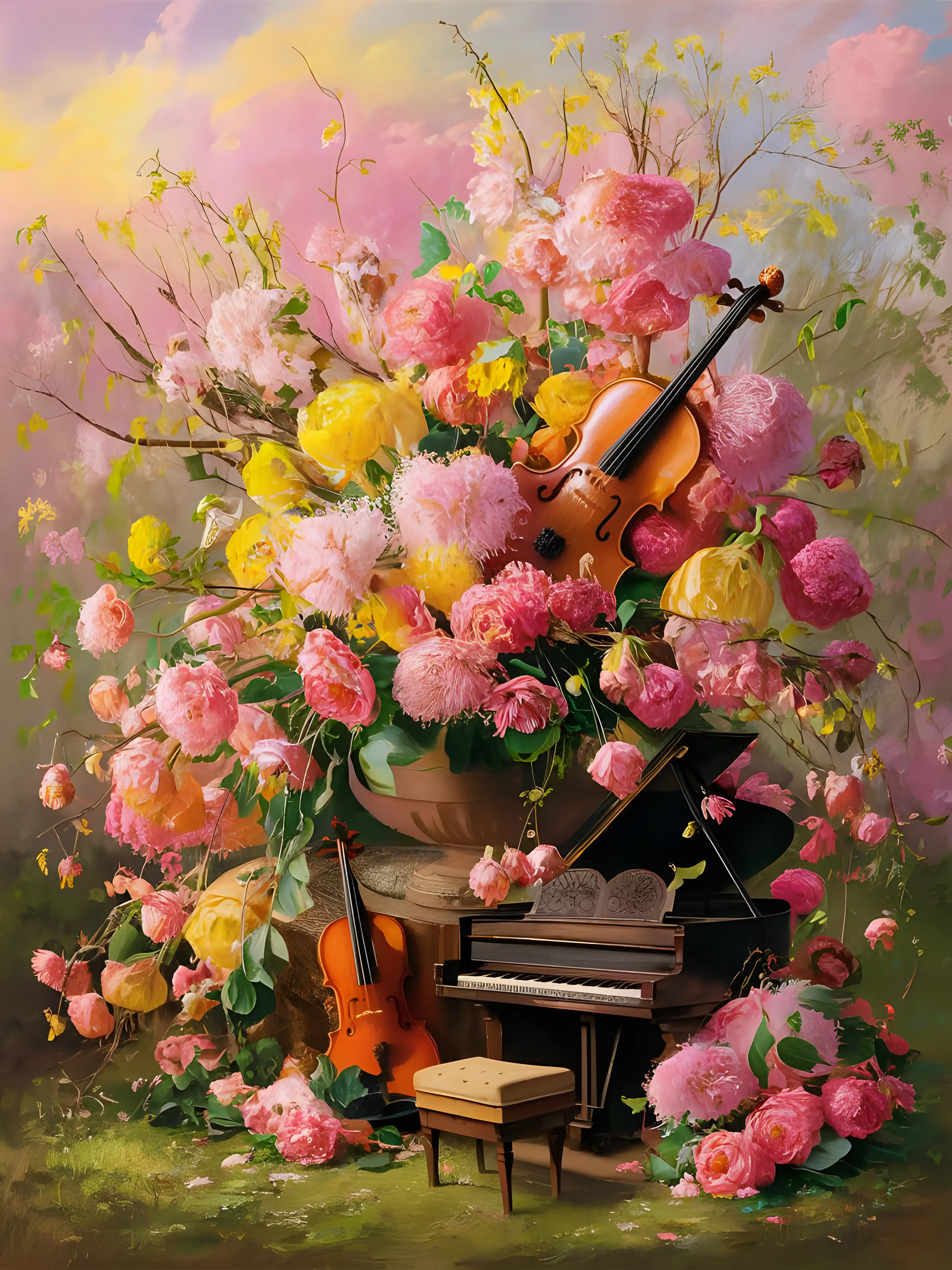 威廉・莫里斯畫風,畫花,小提琴,鋼琴,在粉色,黃色春天背景前,呈現夢幻感覺