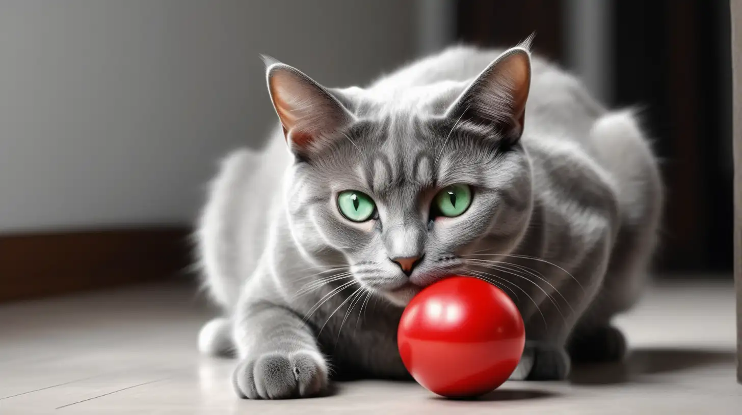 an elegant grey  grey-green eyes cat with grey-green eyes is playing with a red ball, photo-realistic, hyper-realistic