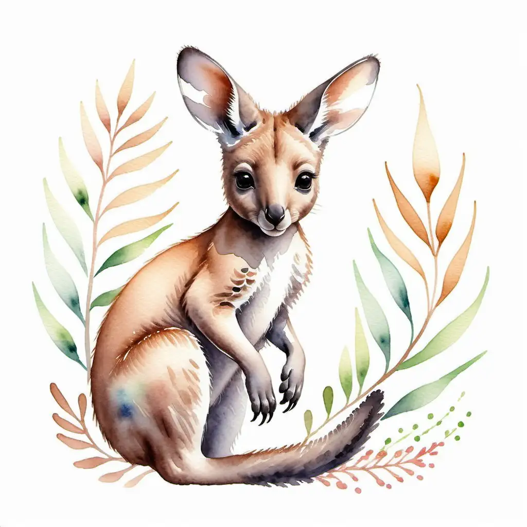 Western Gray kangaroo   baby watercolor painting on  white background. Beautiful, magical and enchanted
