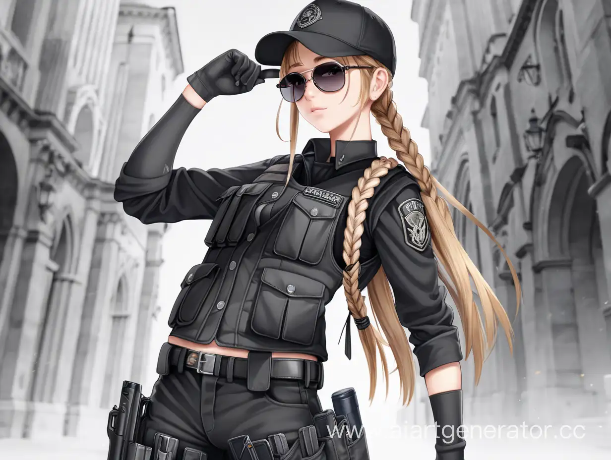 (masterpiece, best quality:1.2), 1girl, solo, looking at viewer, breasts, <lora:ashrss:1>, ashrss, uniform, hat, single braid, sunglasses, bulletproof vest, pants, gloves, vest, tactical clothes, long sleeves, black shirt,