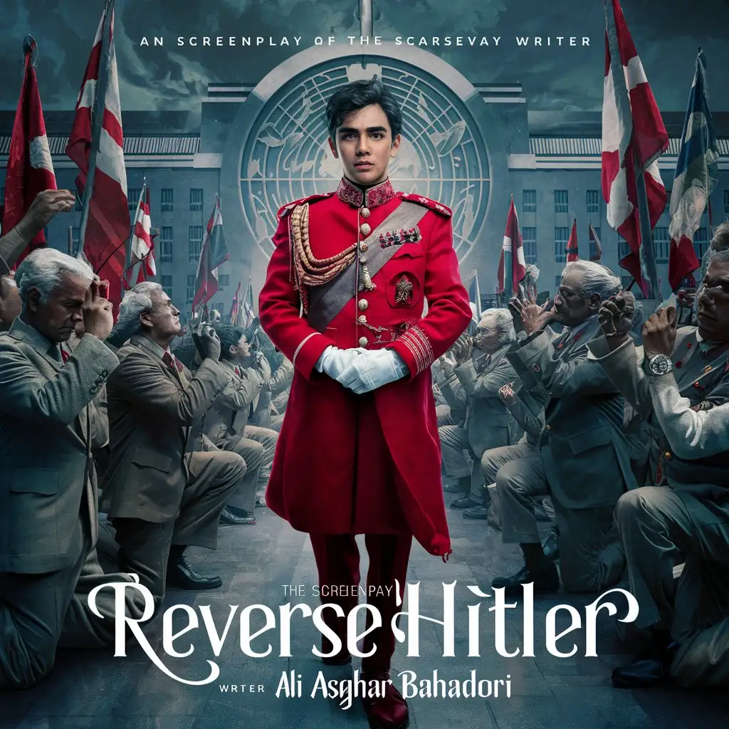 A screenplay called Reverse Hitler and written by Ali Asghar Bahadori . In the picture, a 24-year-old young man wearing a red military uniform and a royal rank is standing in front of the United Nations, and politicians from all countries are kneeling in front of the king, holding the flag of their country.Please write the name of the script and the author in a nice font