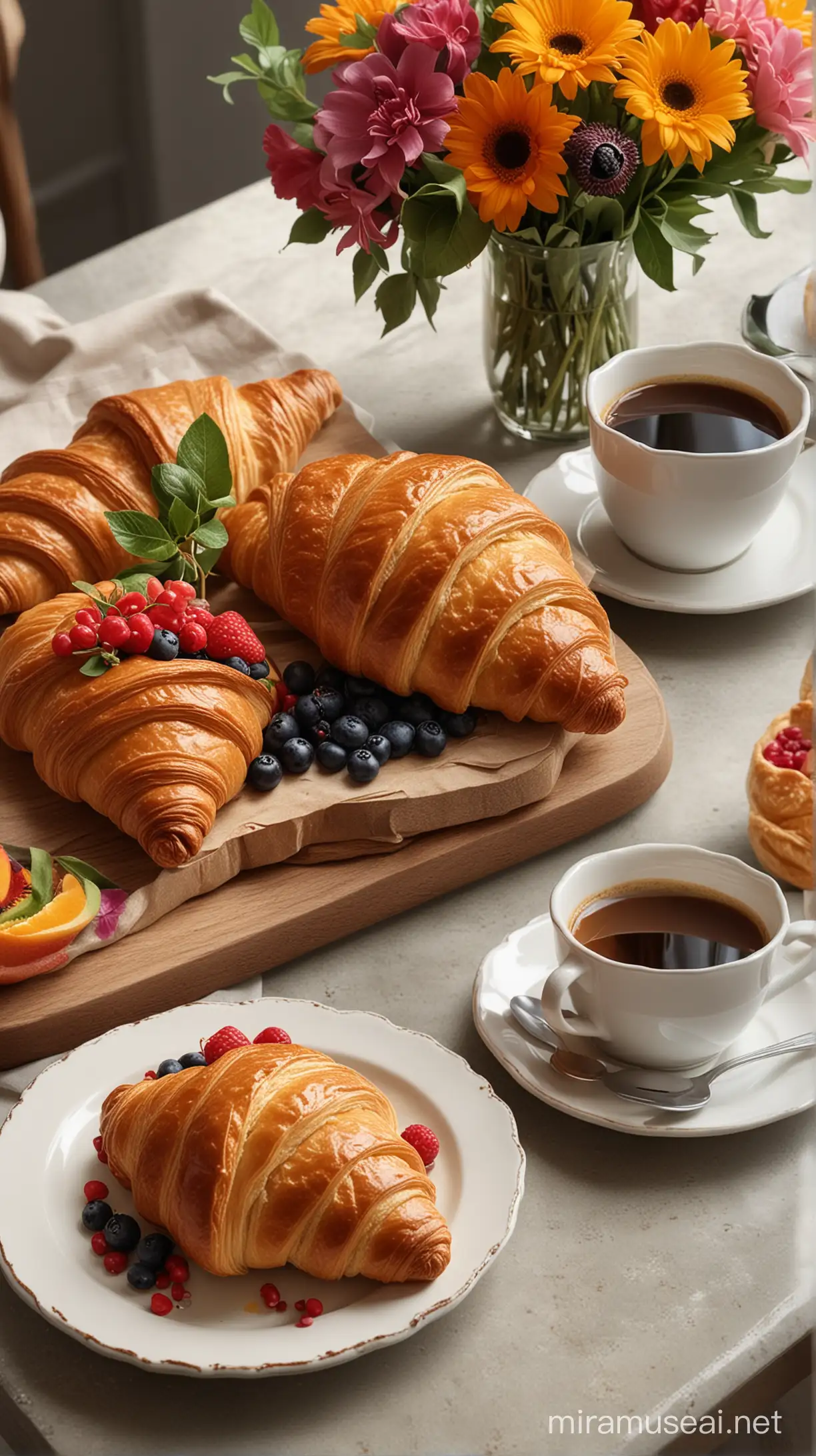 HyperRealistic Breakfast with Coffee Croissant Fresh Fruits and Flowers