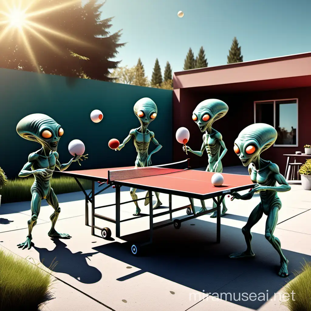 a group of aliens, some of them are playing ping pong, some eating and some listening to music in a sunny day, outside.The image must transmit happiness. realistic