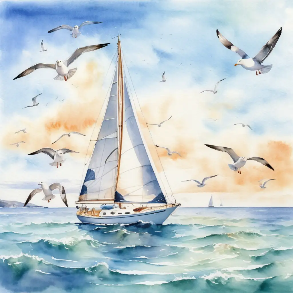 Sailboat Sailing on Serene Summer Seas with Seagulls in Watercolor