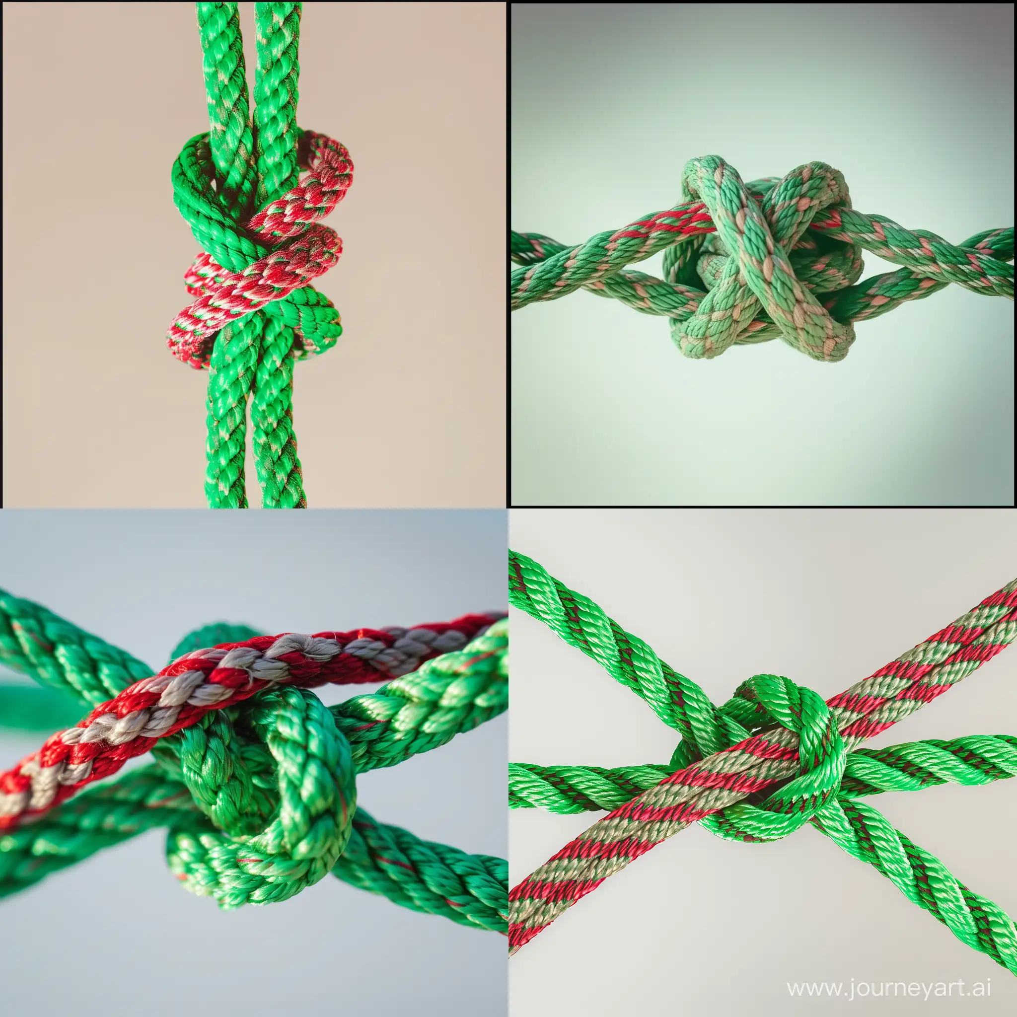 two green and red ropes tied into a knot, light background