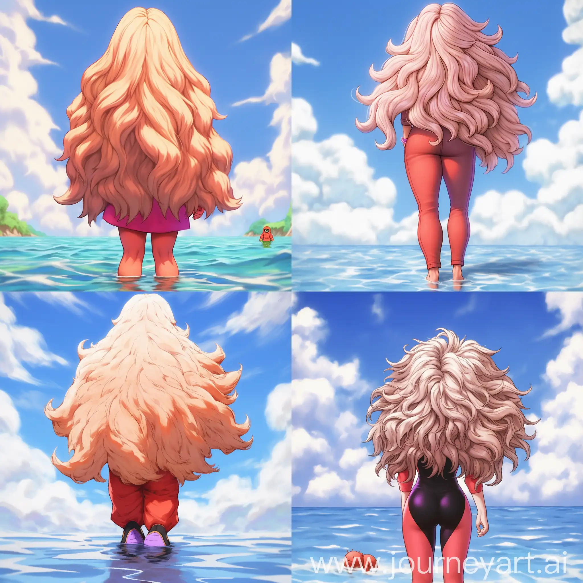 Majin android 21 standing in water looking in the camera, back view, Low Angle, sunny day, painterly --niji 5