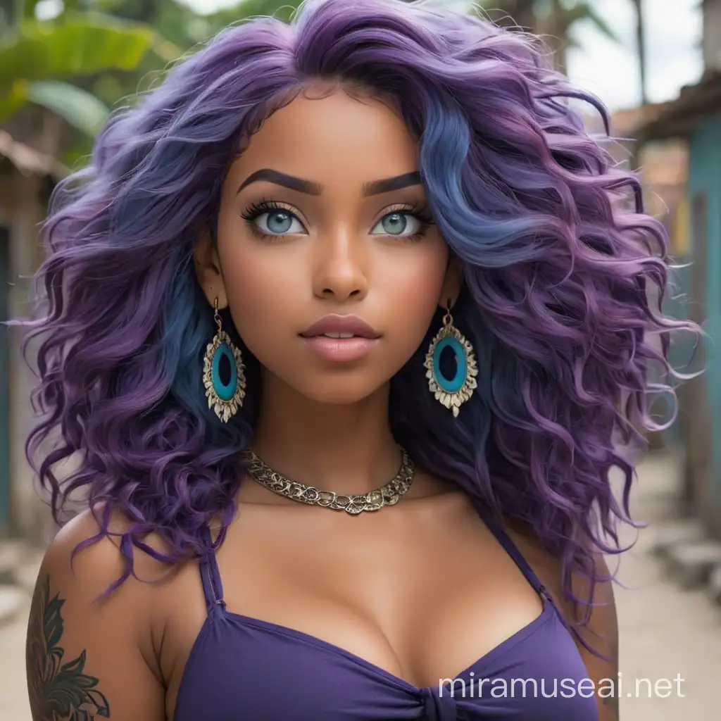 Dominican Girl with Curvy Figure and Purple Hair in BlueEyed Portrait