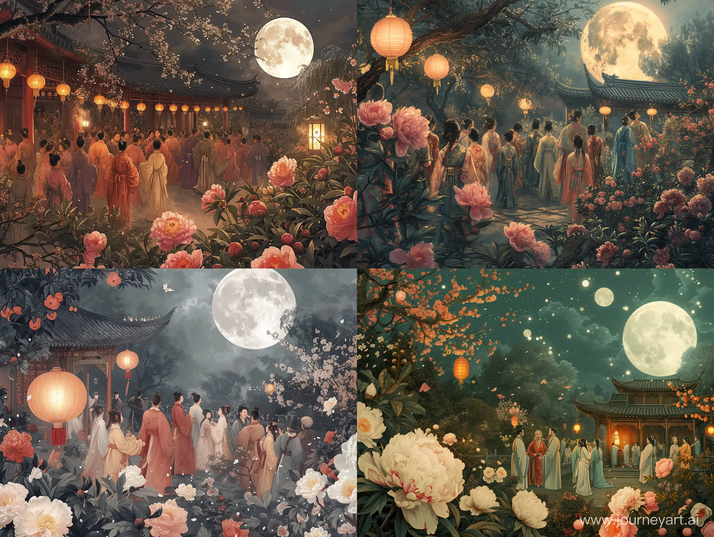 A detailed ink painting of a Lunar New Year celebration in the Song Dynasty, with people wearing traditional silk robes, gathered in a lush imperial garden under the full moon. Peonies and plum blossoms bloom, lanterns illuminate the scene. Created Using: Fine brushwork, meticulous detail, Song Dynasty art style, nature-inspired themes, traditional Chinese symbols of prosperity and renewal, vibrant yet harmonious color palette, subtle lighting effects to mimic moonlight, hd quality, natural look