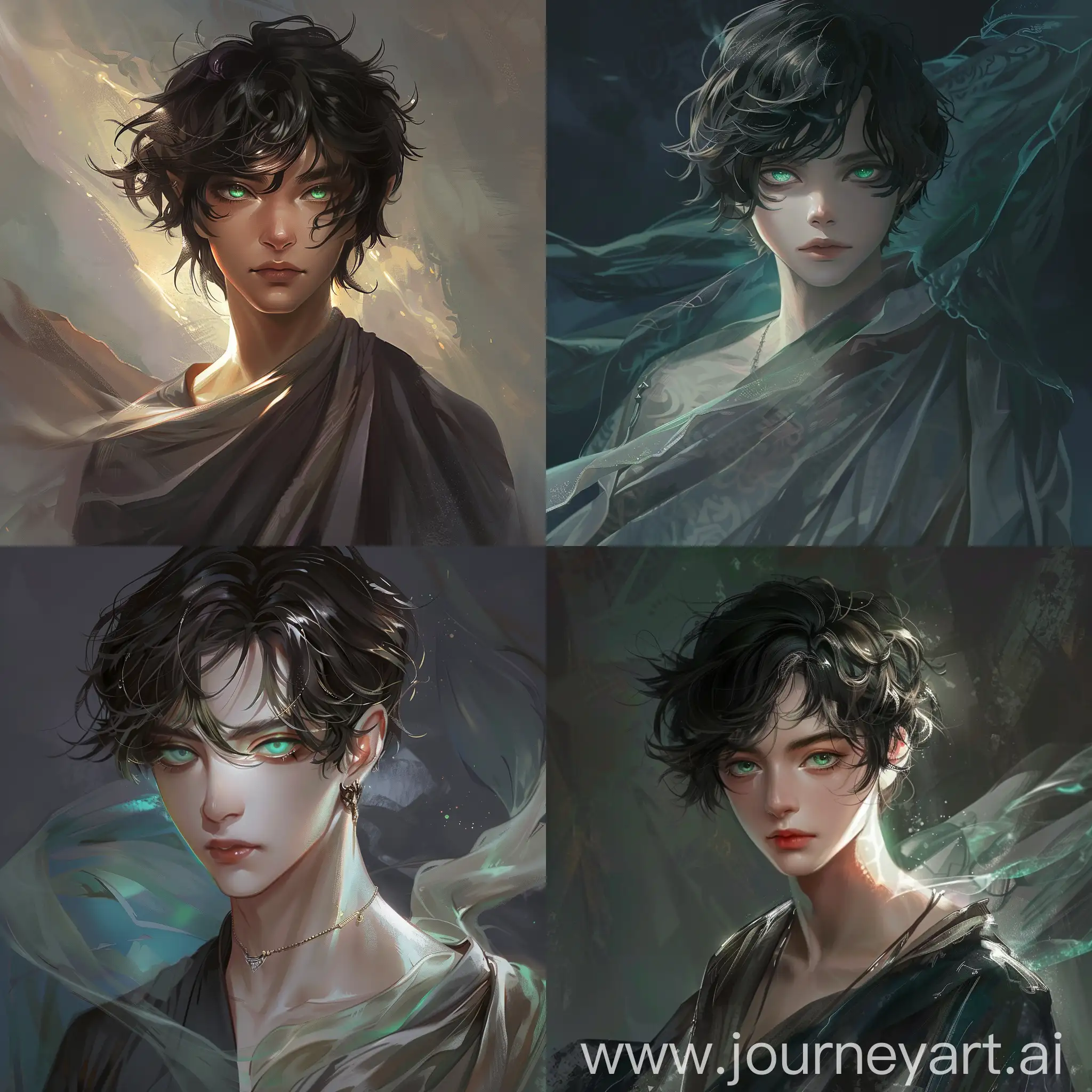 A slender and graceful young man with short, wavy black hair that falls softly over his shoulders. His eyes sparkle with bright shades of green, as if reflecting inner power and secret powers. He is dressed in flowing, lightweight fabrics that seem to emit light and shadow at the same time. His character is mysterious and enigmatic. He has a calm and balanced disposition, but at the same time, the fire of passion and determination always flickers in his eyes. He has the unique ability to manipulate gravity and sound (this is his magic), which makes him an incredibly powerful and dangerous opponent. He uses his abilities to conquer lands, he is a dictator, he rules the empire. He is a fighter for justice in the world, but his methods are radical and cruel, full of secrets and evil. Dark fantasy, Lovecraft style, medieval, gothic, oriental - Asian style