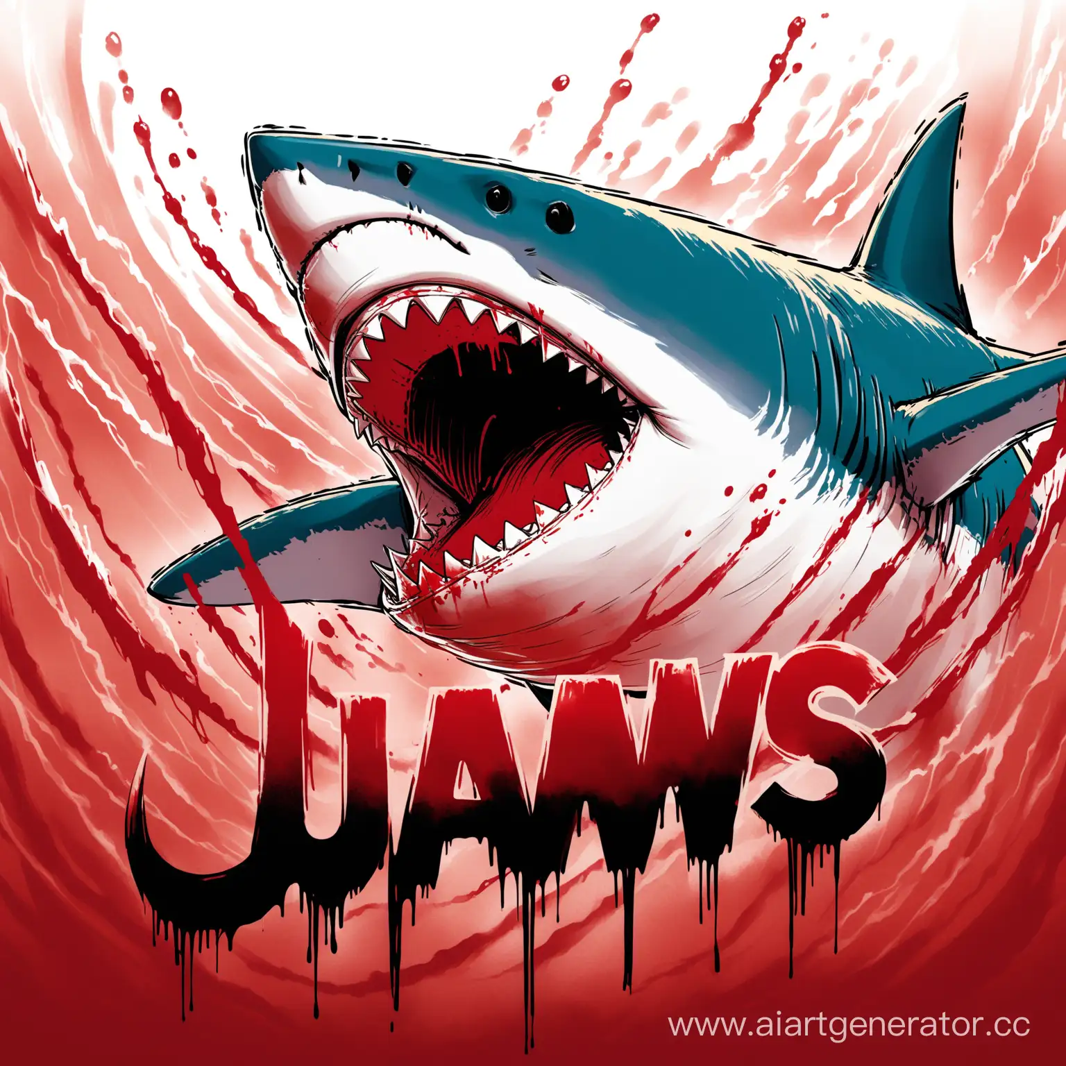 никнейм "jawS", написанный кровью с подтеками, и челюстью акулы на фоне