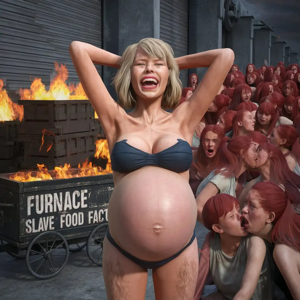 3d ultra realist resolution render, unreal engine render image portrait of blond young twenty girl russian women pregnant painful cry laughing arms up hair body armpits hairy looking on giant storage square with fire flames clear glass of overcrowd redhead young twenty girl russian women's kissing screaming crying painful, pancart on box write "Furnace slave food factory".