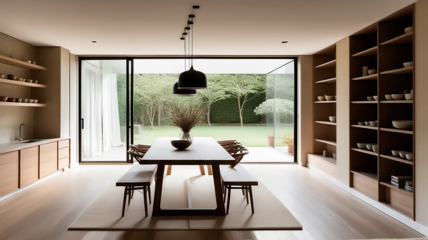 an organic minimalist modern japandi style estate home long room with kitchen and dining table and built in cabinets and shelves; beige wool runner rug; walnut wood, oak flooring, Bauwerk Bone limewashed walls, a large window with linen curtains