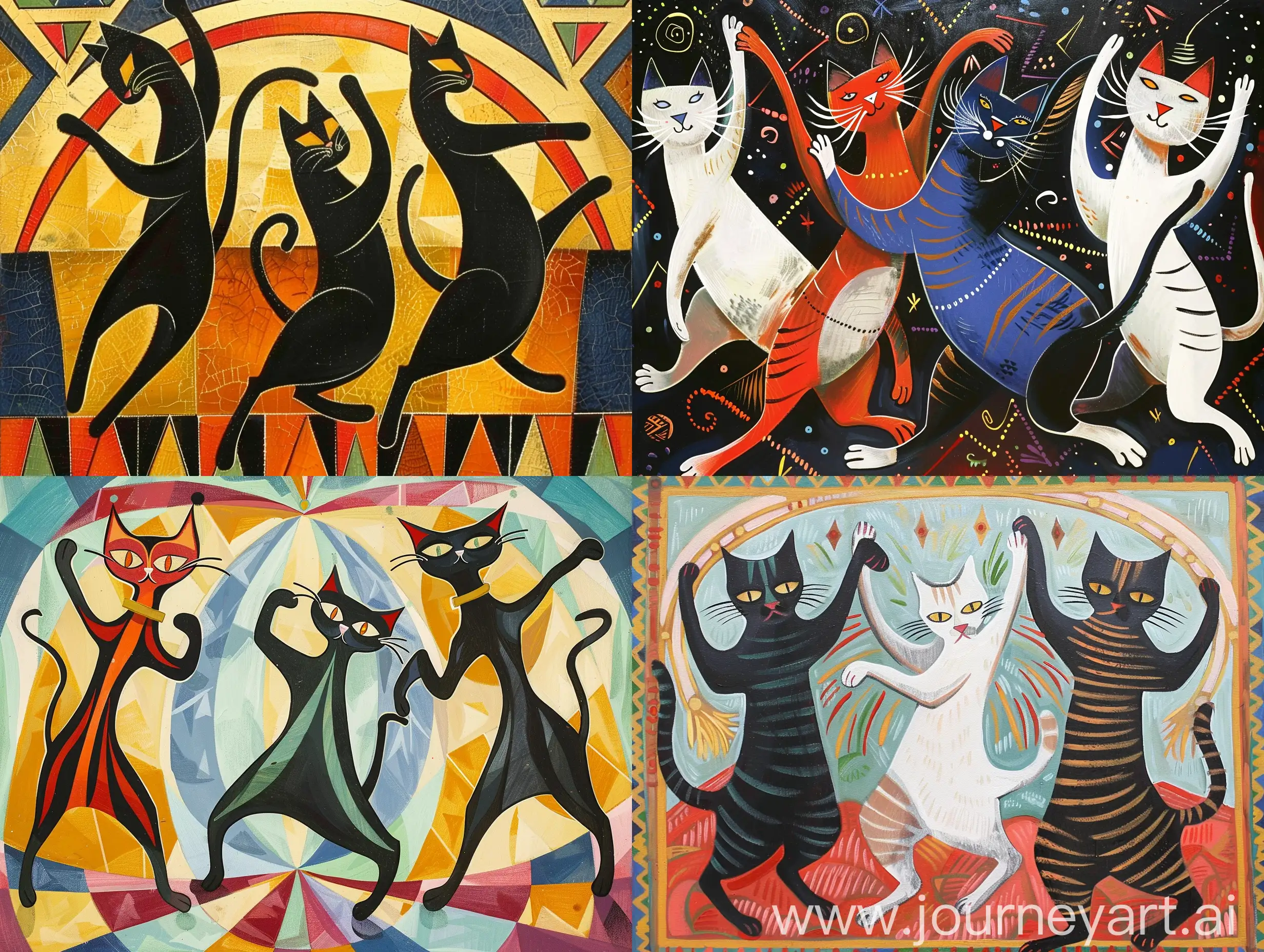 Dancing cats, naive art, artdeco style