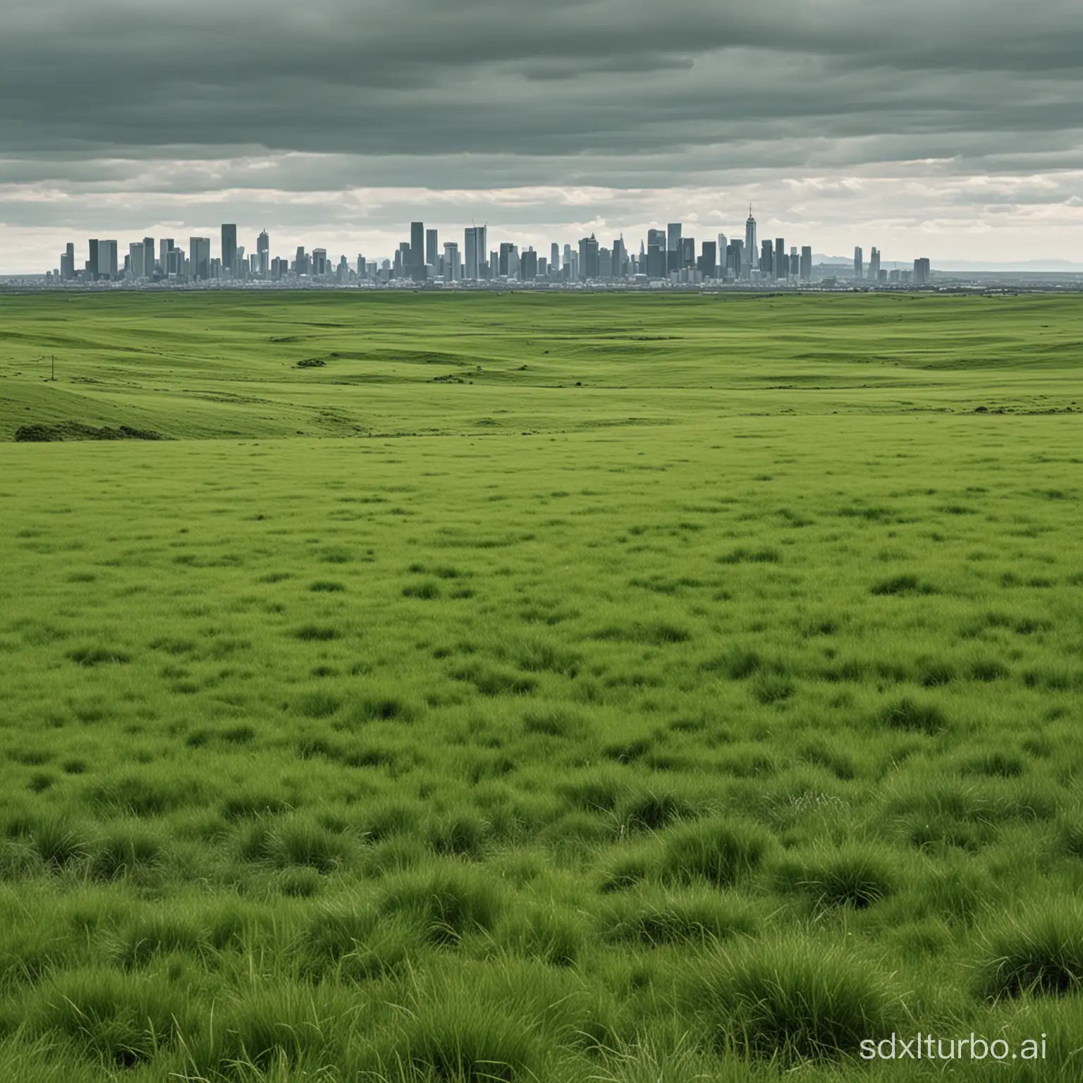 前面是绿色充满生机的草原远处是繁华的城市轮廓，画面近大远小